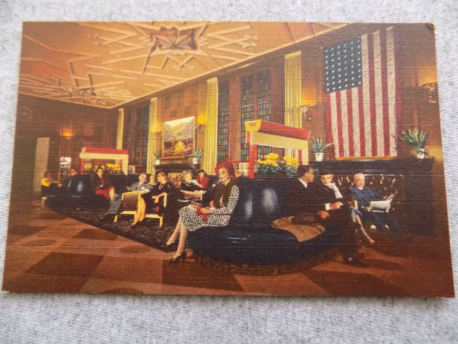 Chicago IL Bismarck Hotel Lobby 48 Star Flag circa 1940s Postcard Unposted