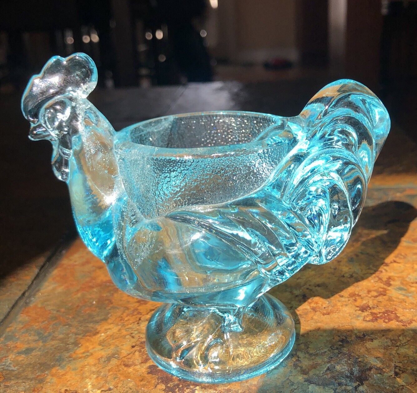 Imperial Glass Rooster Ice  Blue Egg Cup 1980s Marked stunning
