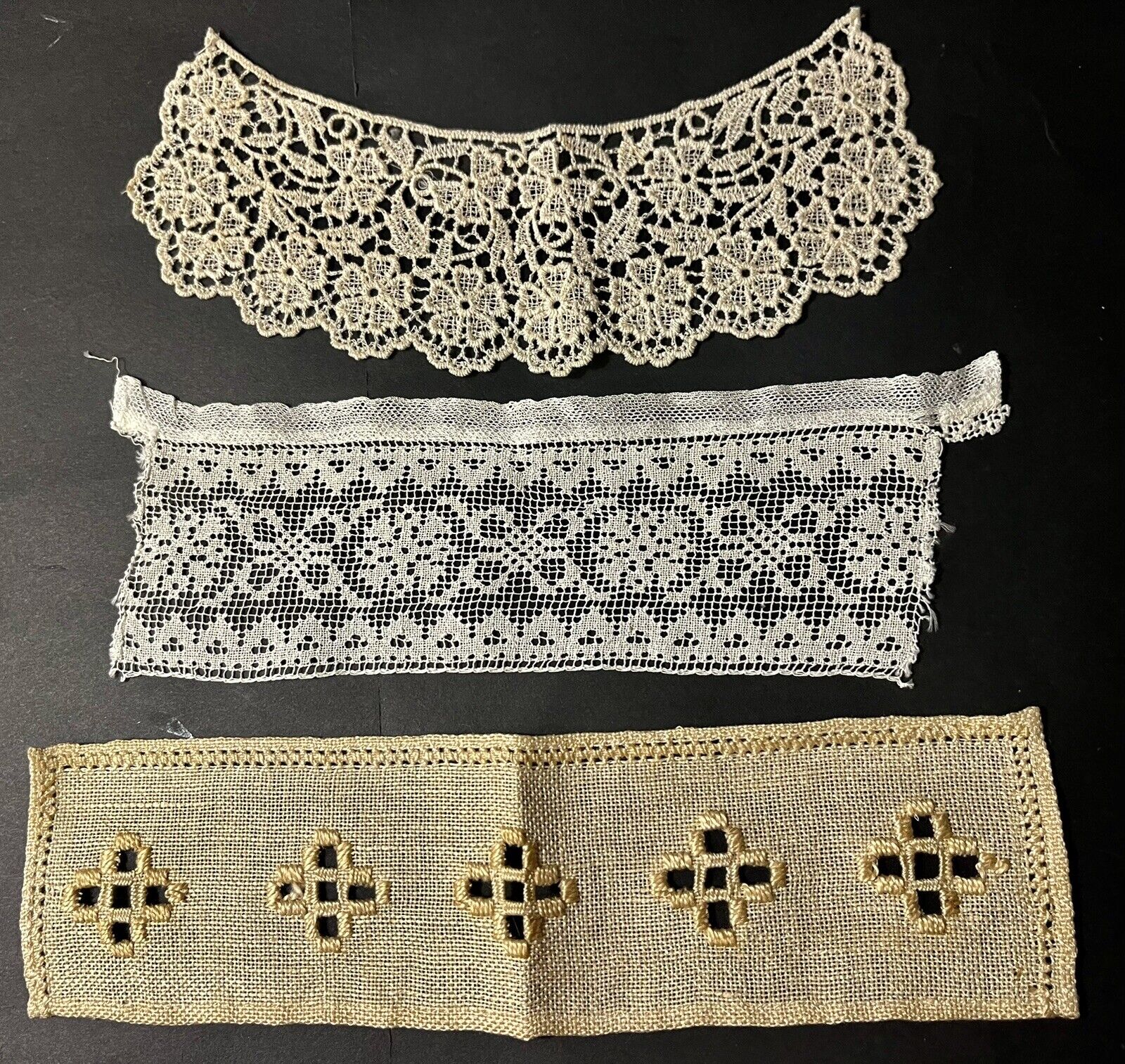 Antique Three Single  Cuffs  Embroidered, Chemical Lace, Ornamental Lace AS IS