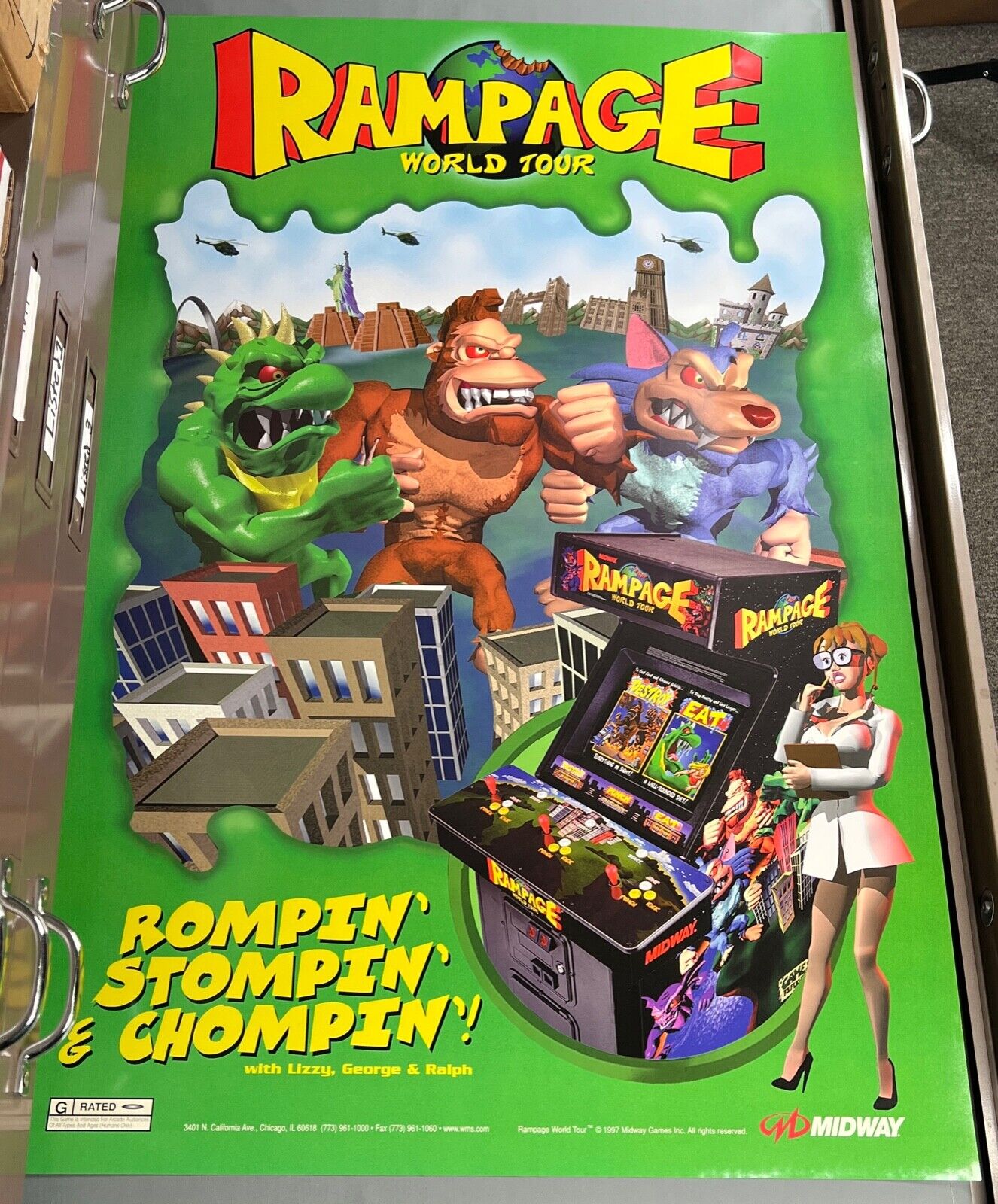 Rampage World Tour Poster New NOS PROMO Bally Midway Arcade Art Artwork 36 x 24