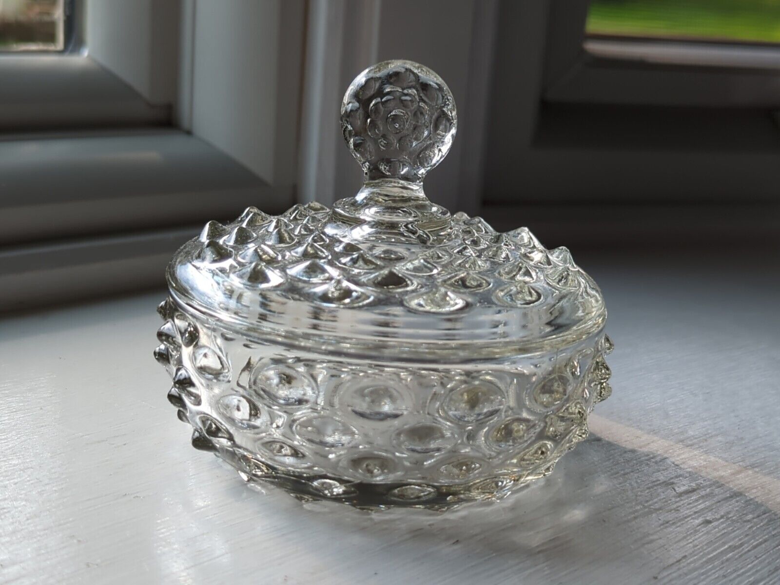 Vintage Hobnail Clear Round Glass Powder Vanity Candy Trinket Dish Jar w/Lid