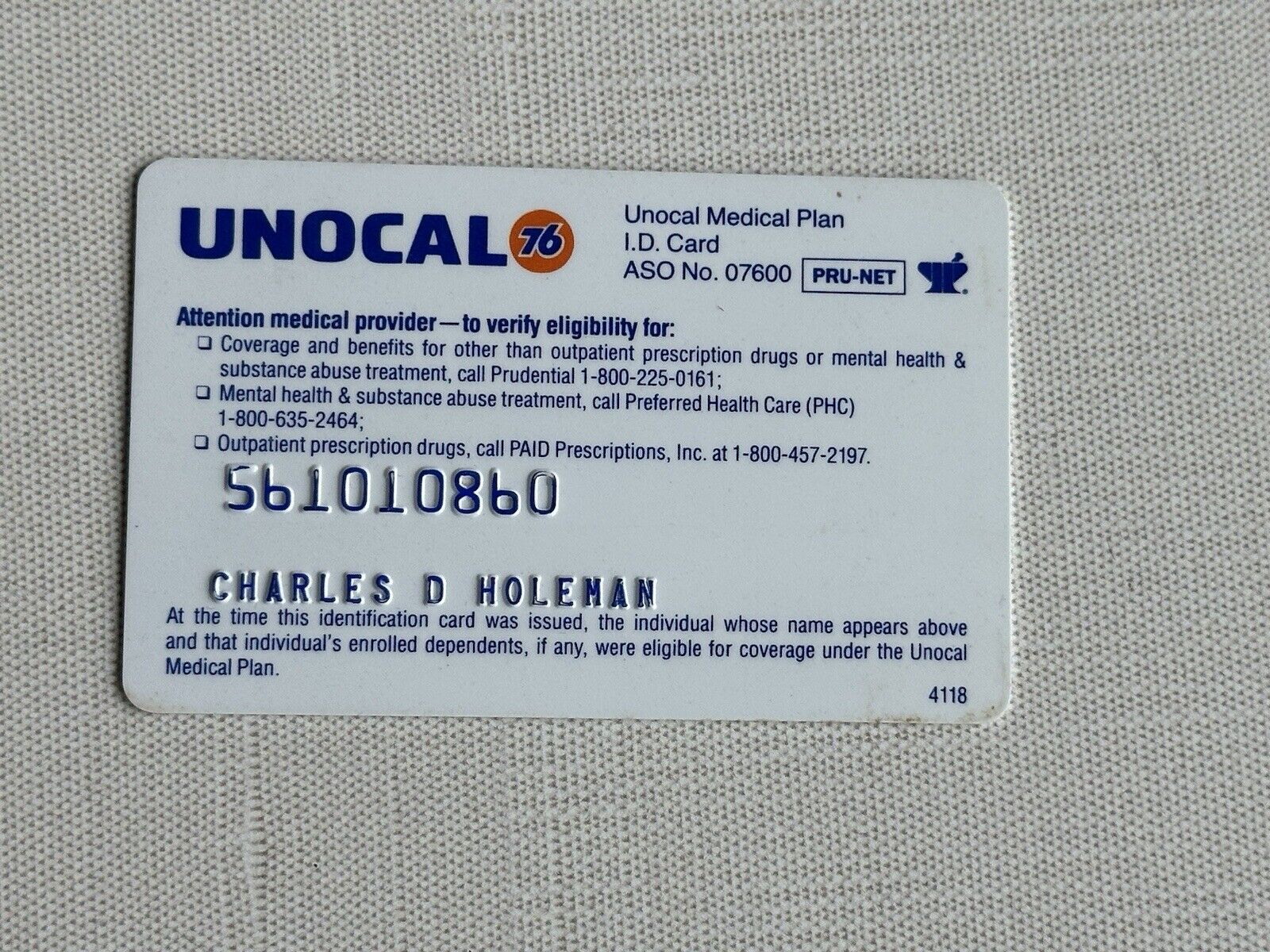 UNOCAL MEDICAL PLAN  UNION  76 CARD EXPIRED   Vintage
