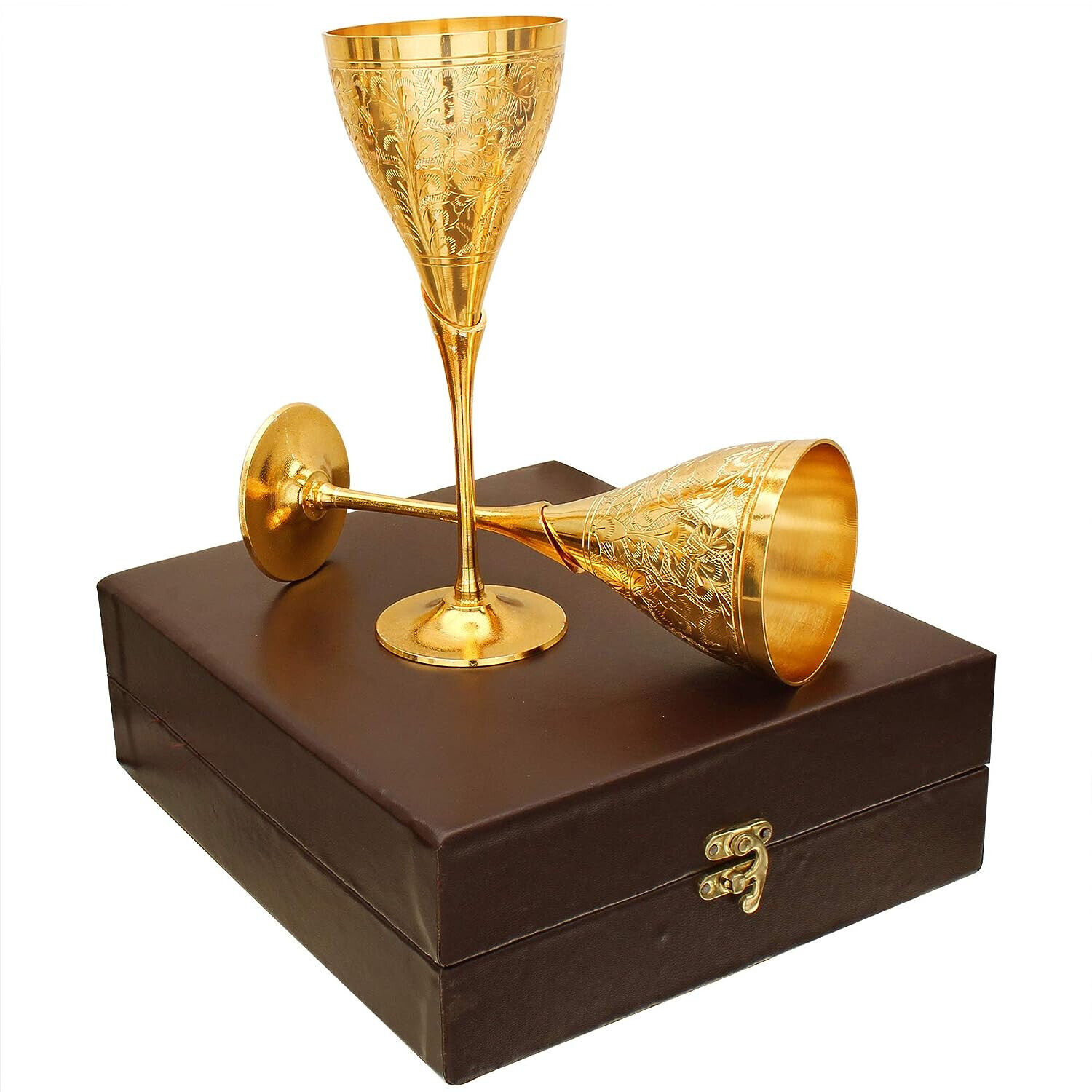 Golden Color Brass Goblets Flute Wine Glasses with Gift Box for Parties 585 Gram