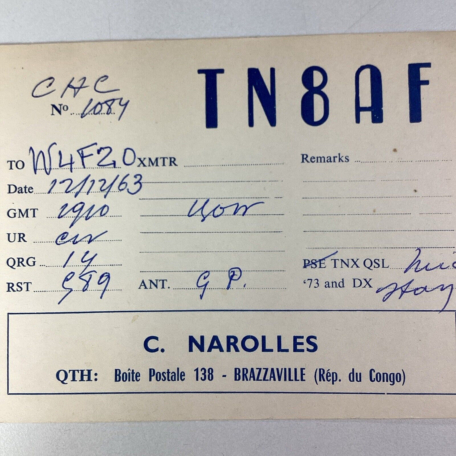 Congo Africa QSL Radio Card 1963 Zaire Brazzaville C. Narolles