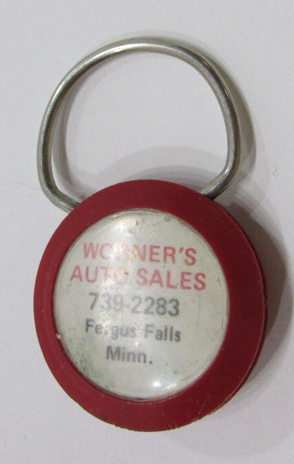 Vintage 1960's Worner's Auto Sales Fergus Falls MN Minnesota Red Key Ring Fob
