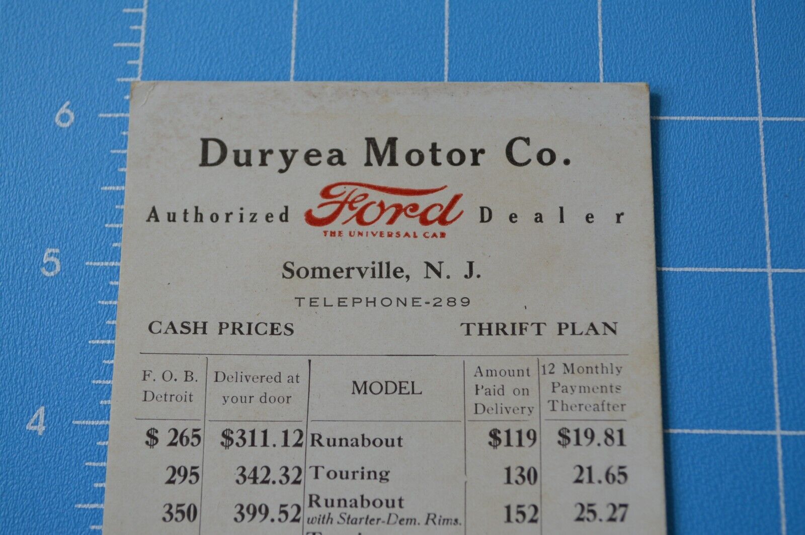Duryea Motor Co. Ford Dealer Somerville NJ Blotter w/ Prices for Various Models