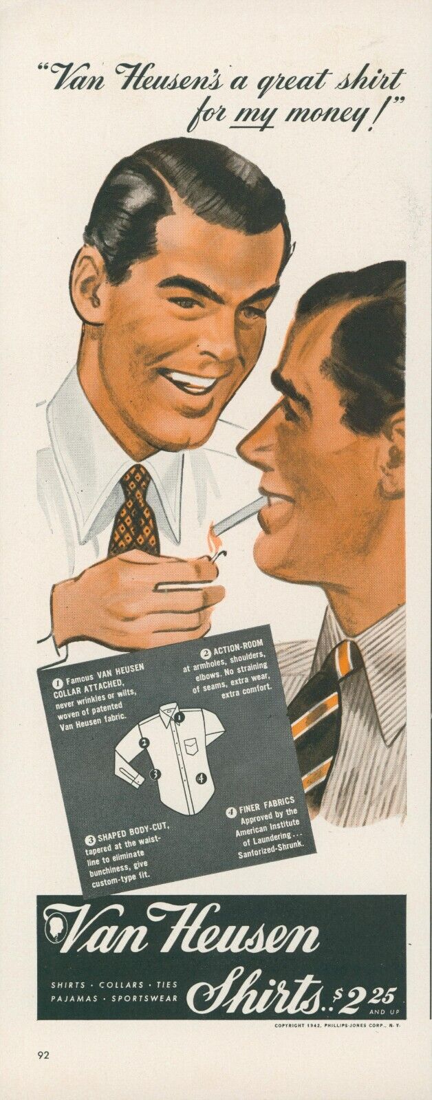 1942 Van Heusen Shirts Man Lighting Cigarette Match Vintage Print Ad L24