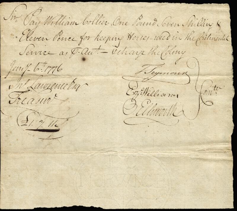 OLIVER ELLSWORTH - MANUSCRIPT DOCUMENT SIGNED 01/06/1776 WITH CO-SIGNERS