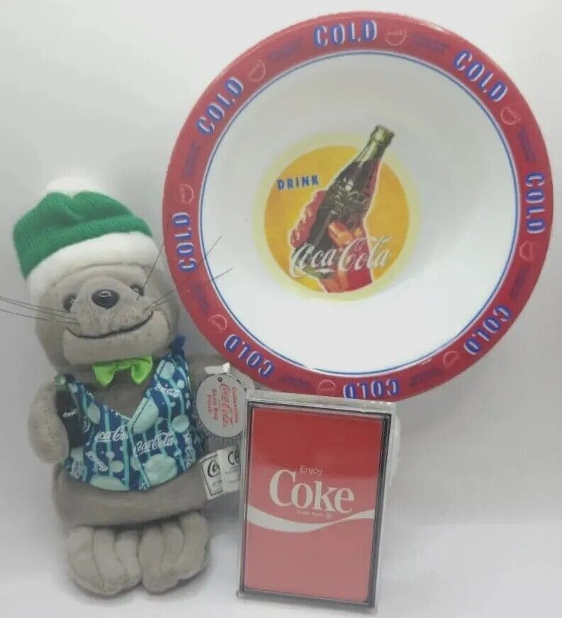 Lot Retro Vintage Coca-Cola Collectibles, Bowl, Seal Plush, Sealed Playing Cards