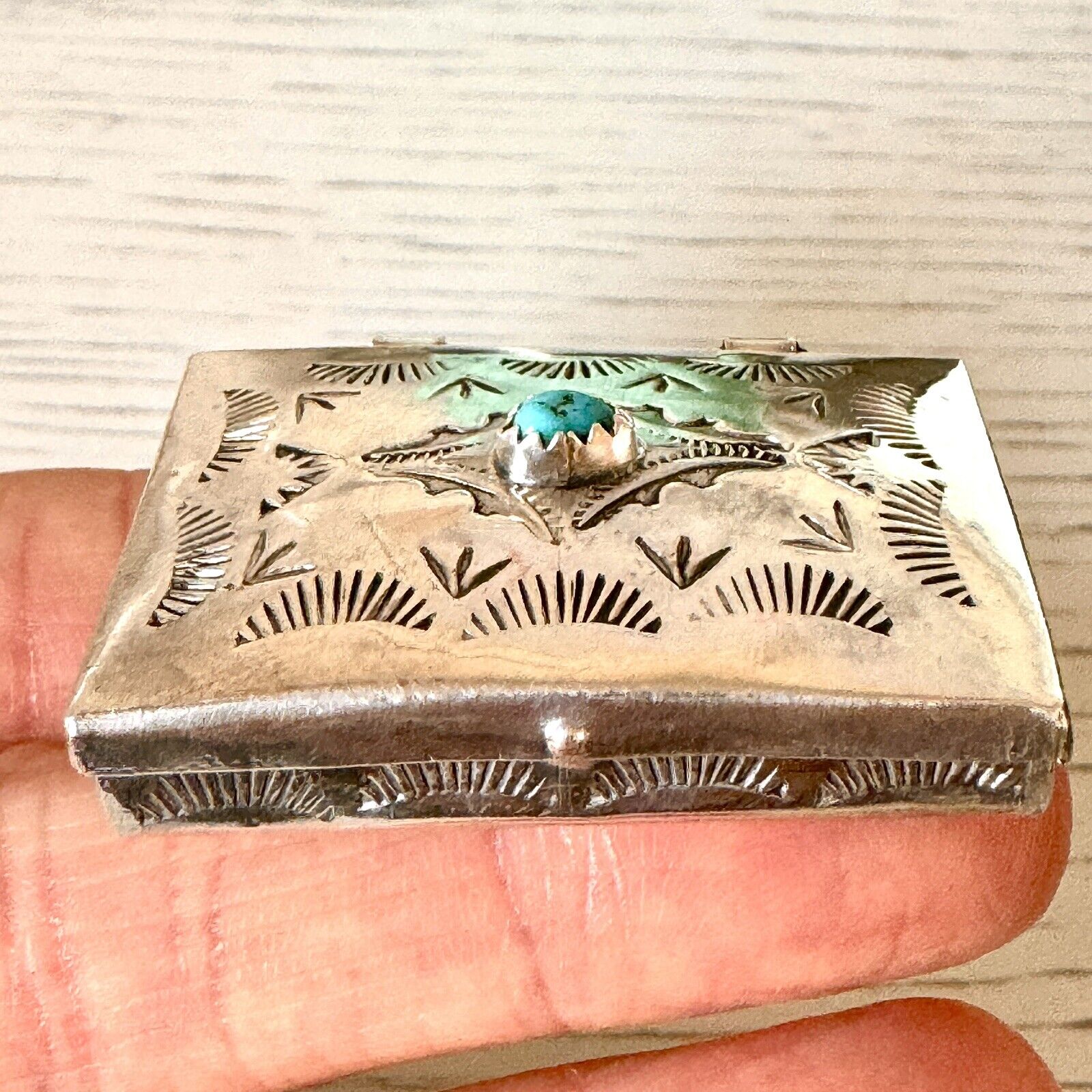 Navajo Pill Box Stamped Handmade Sterling Silver Signed Curtis Turquoise Lid R