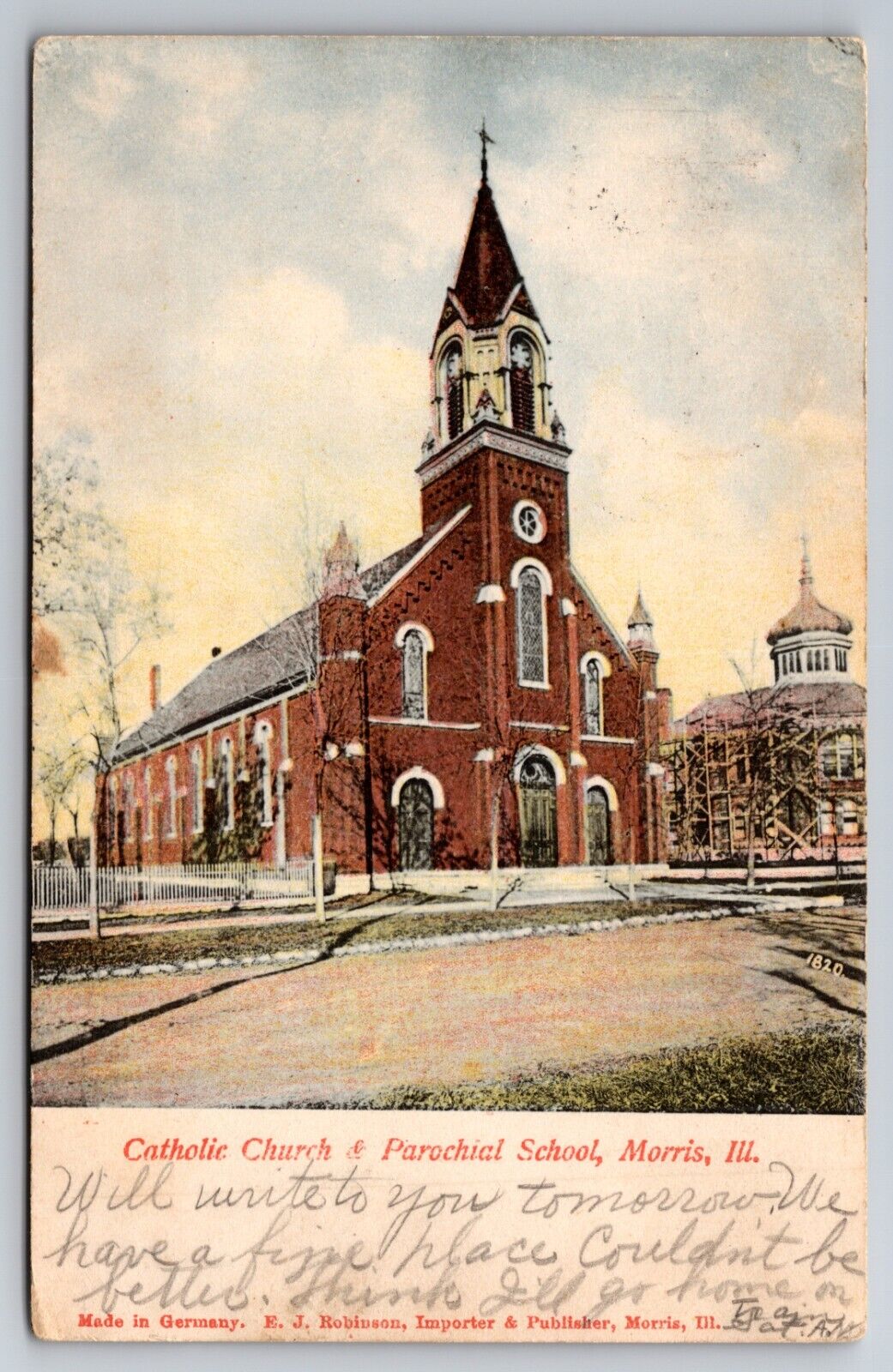Catholic Church & Parochial School Morris Illinois IL 1907 Postcard