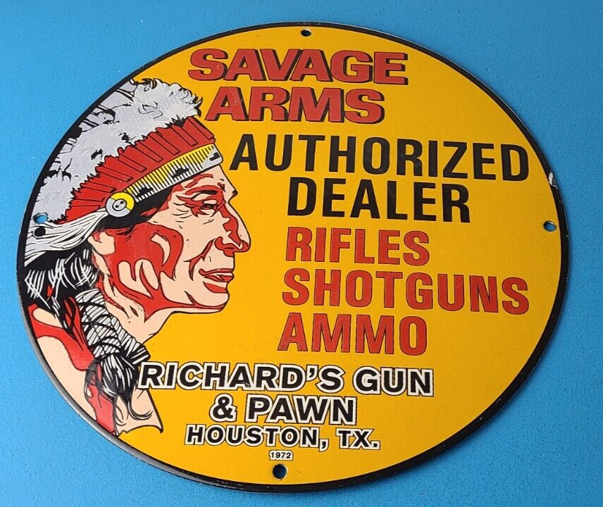 Vintage Savage Arms Porcelain Sign - Rifles Shot Guns Ammo - Gas Pump Plate Sign
