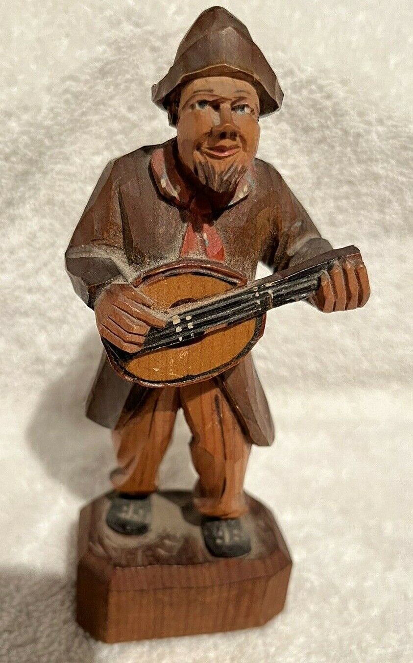 Vintage Fomerz Hand Carved Wood Mandolin Player Figurine Made In Italy
