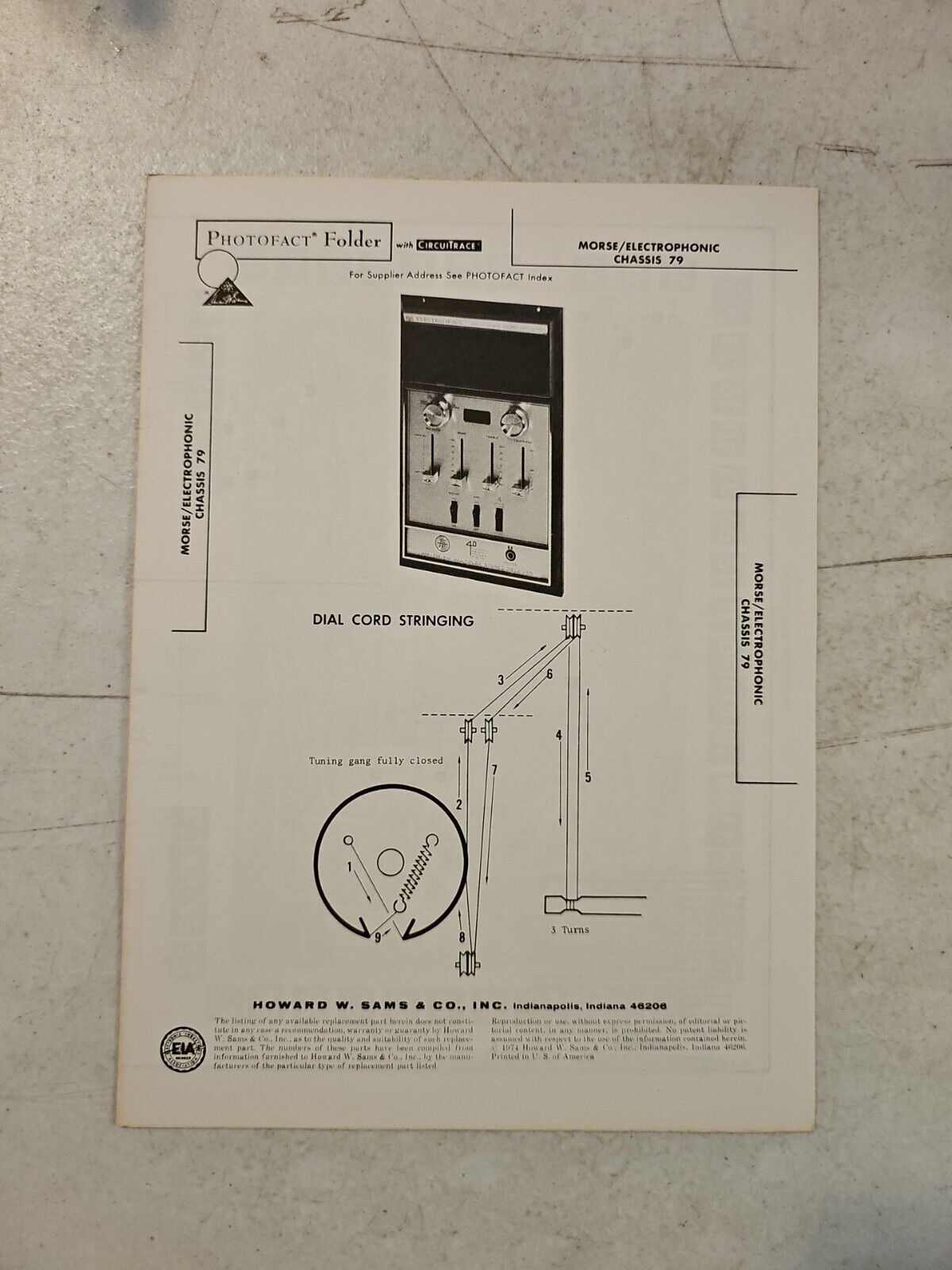 SAMS Vintage Photofact Folder Document Manual morse/electrophonic Chassis 79