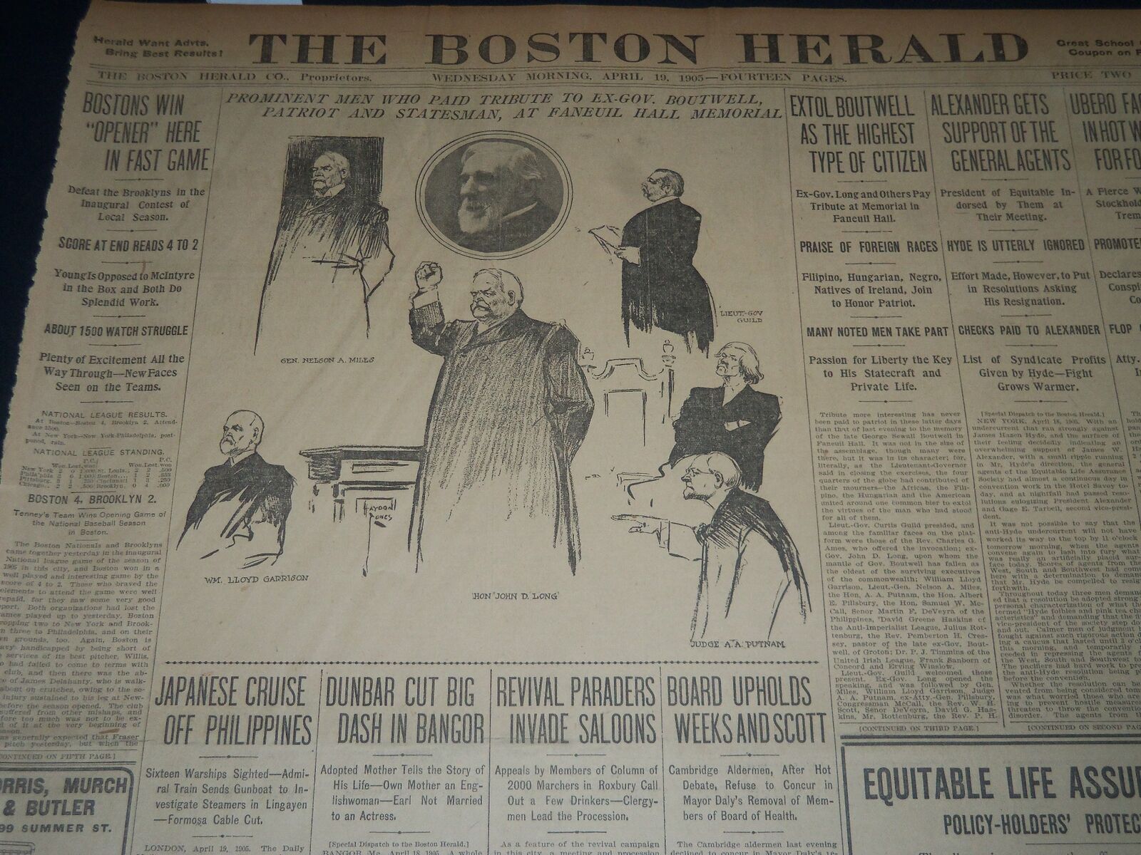 1905 APRIL 19 THE BOSTON HERALD - BOSTON WINS OPENER HERE IN FAST GAME - BH 161