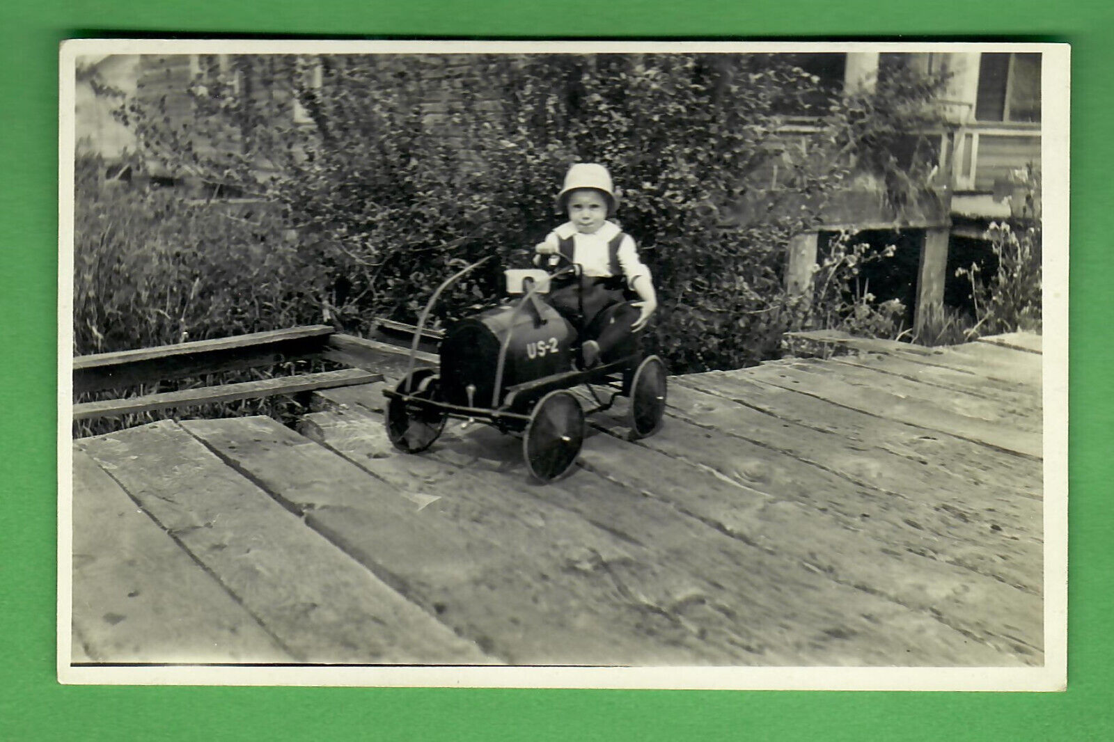 c. 1925 RPPC REAL PHOTO POSTCARD - YOUNG BOY IN TOY PEDAL CAR - UNPOSTED - AZO