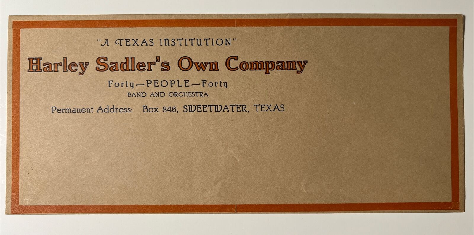 vintage SWEETWATER TEXAS envelope HARLEY SADLER’S OWN COMPANY BAND Orchestra