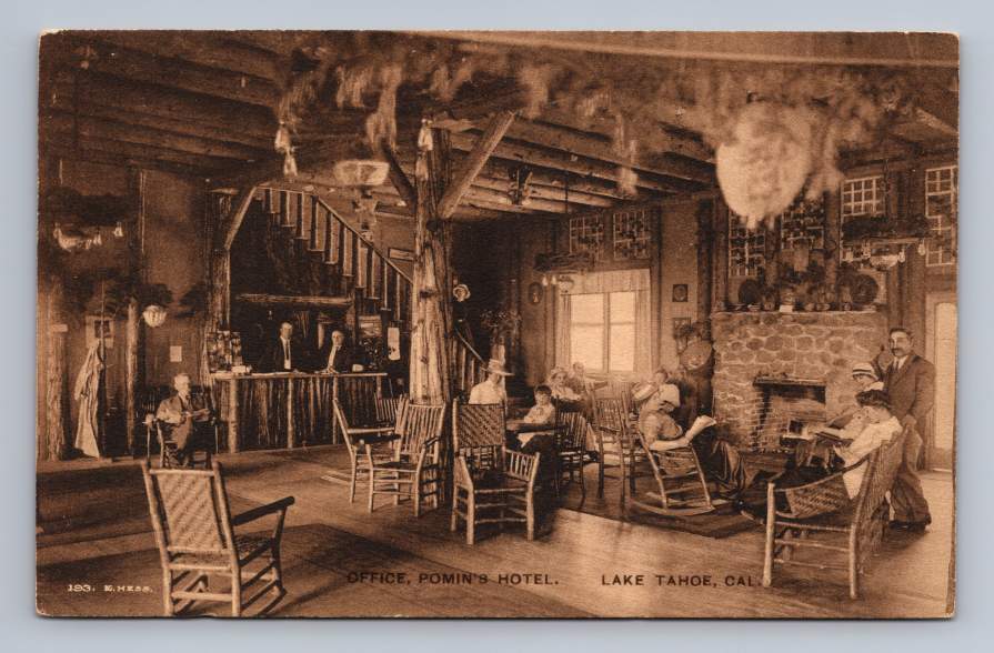 Pomin\'s Hotel Lobby LAKE TAHOE California Antique Albertype Postcard ~1920s