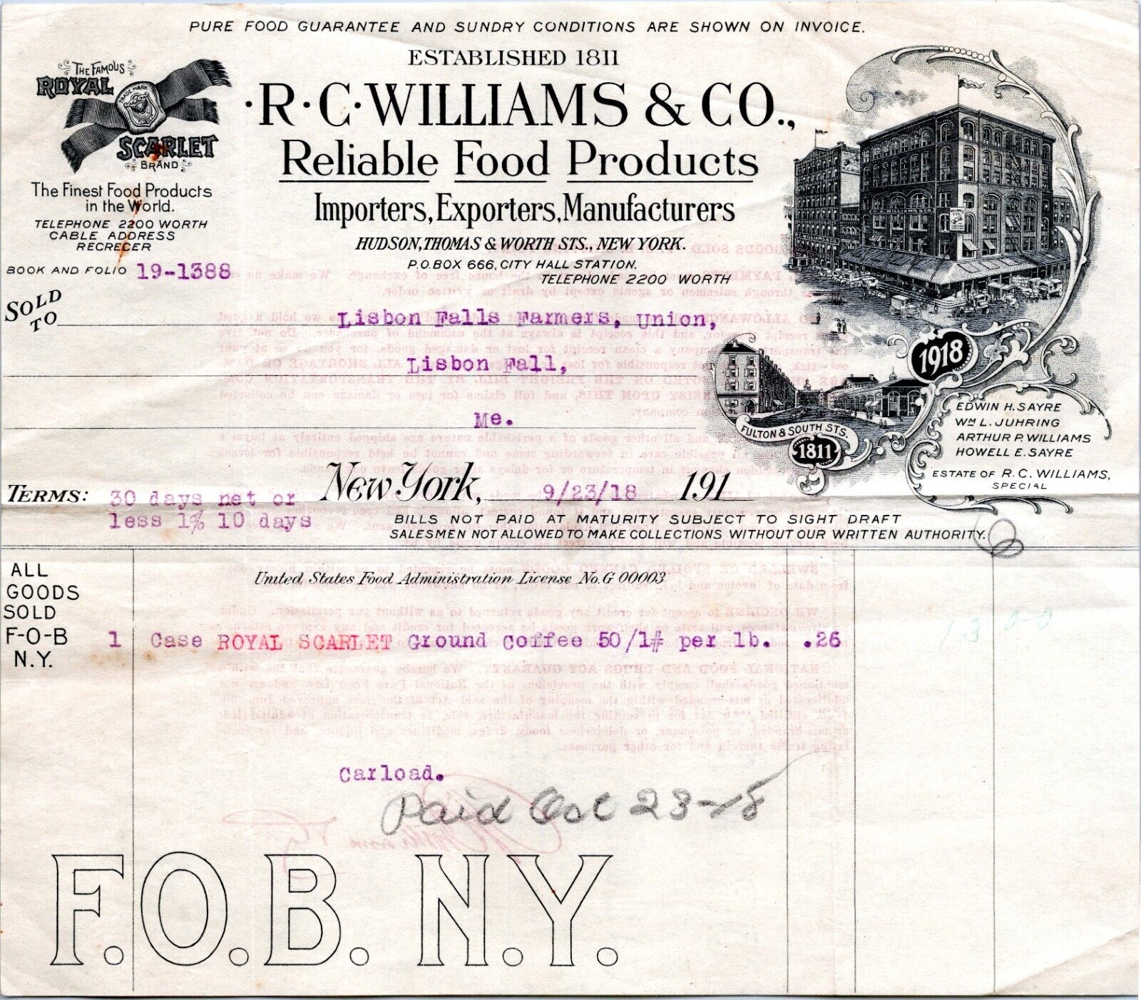 1918 Billhead- RC Williams & Co Food Products, New York- Royal Scarlet Coffee