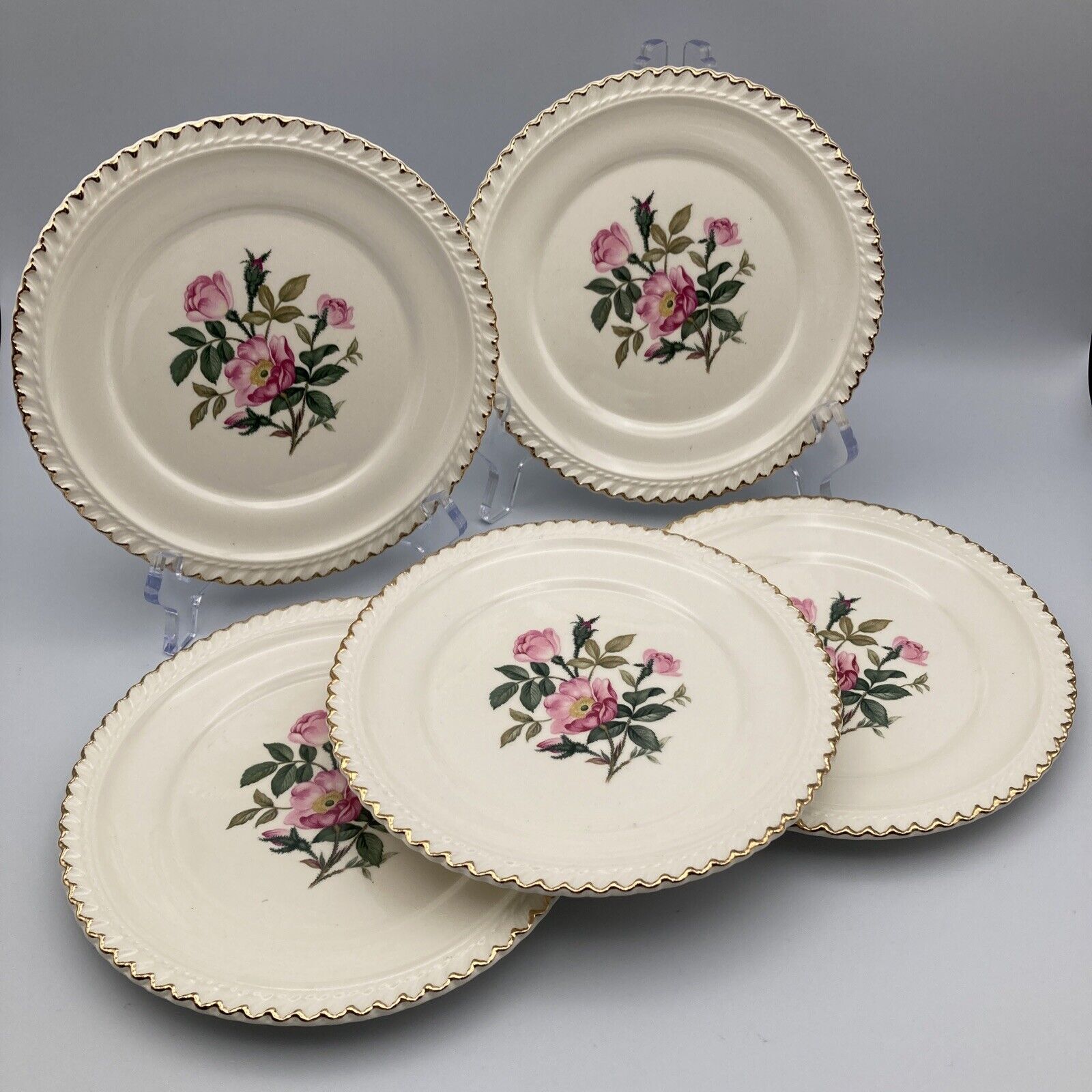The Harker Pottery Company Wild Rose Dessert Plates 6.25” 22K Gold Trim Lot of 5