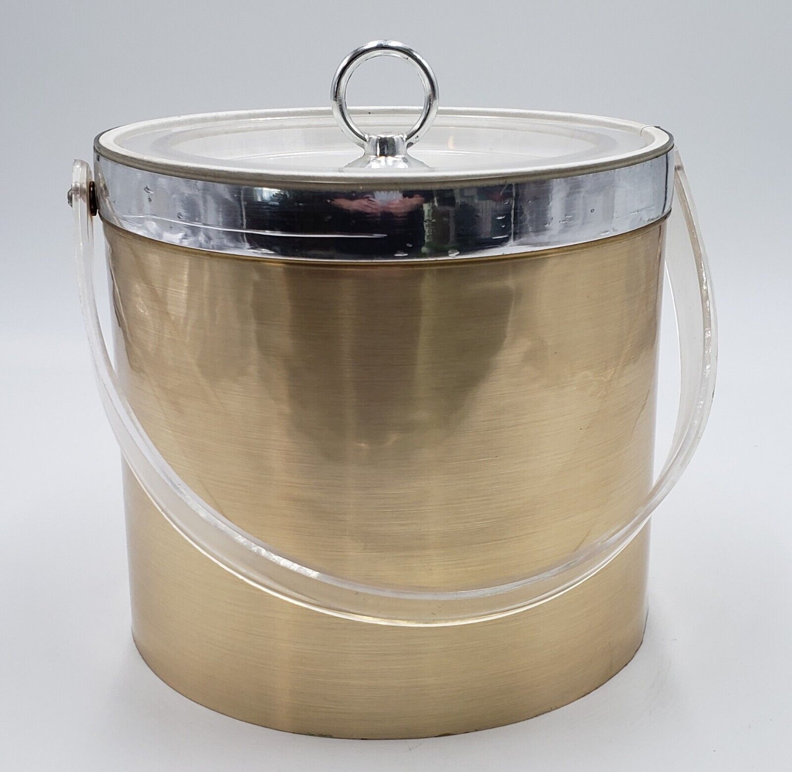 Vintage Brushed Gold George Briard Bar Ice Bucket Lucite Handle/Lid Signed MCM