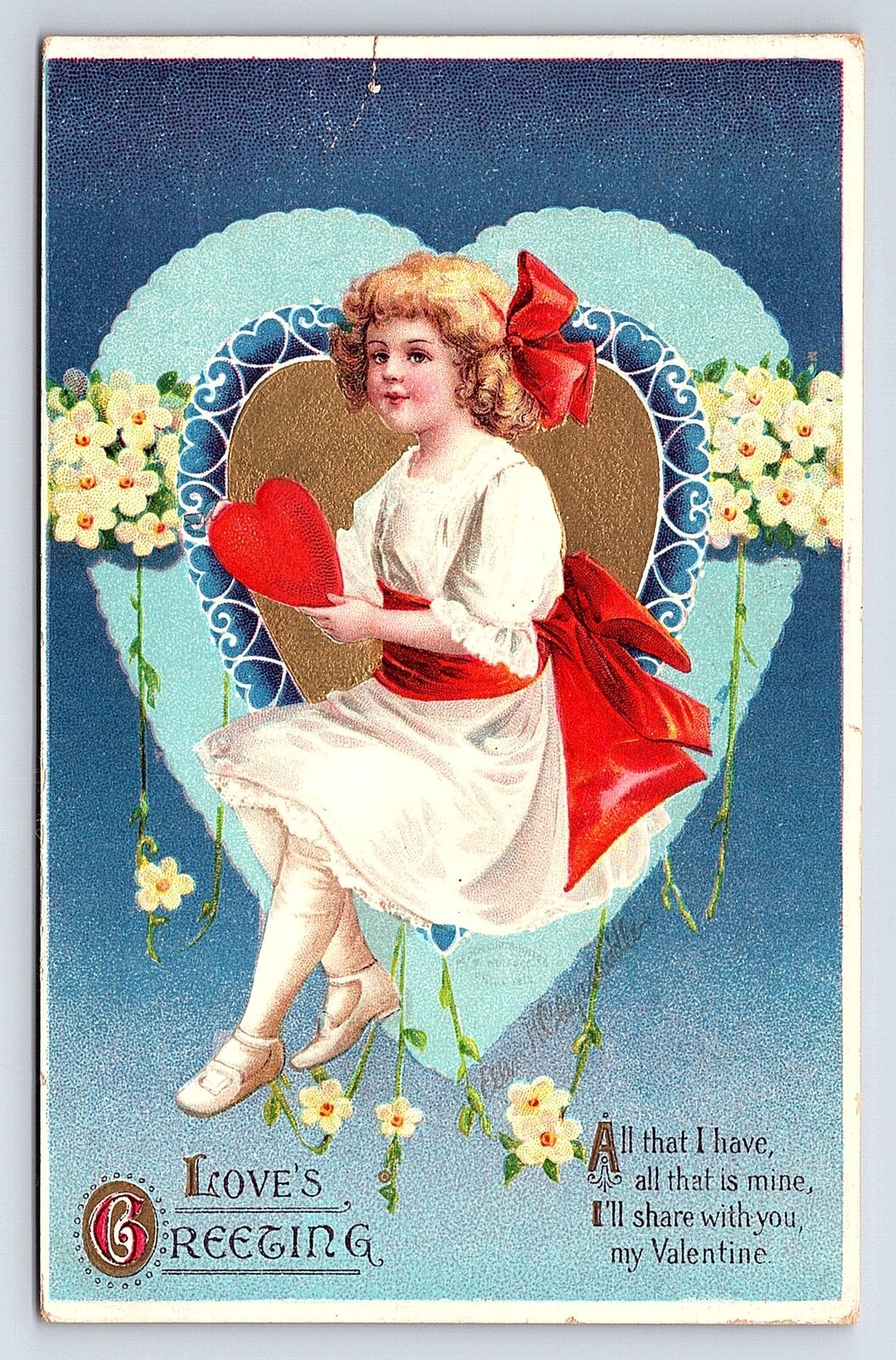 Postcard Love's Greeting Clapsaddle Valentine's Day Embossed TAPE REPAIR