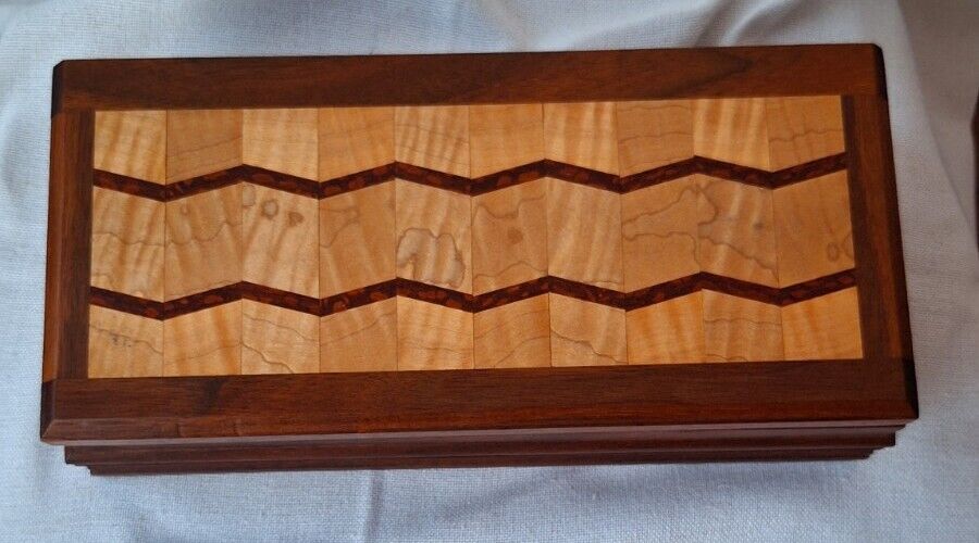 Hand Crafted Wooden Box. Walnut Wood Box W/ Quilted Maple & Lacewood top Signed