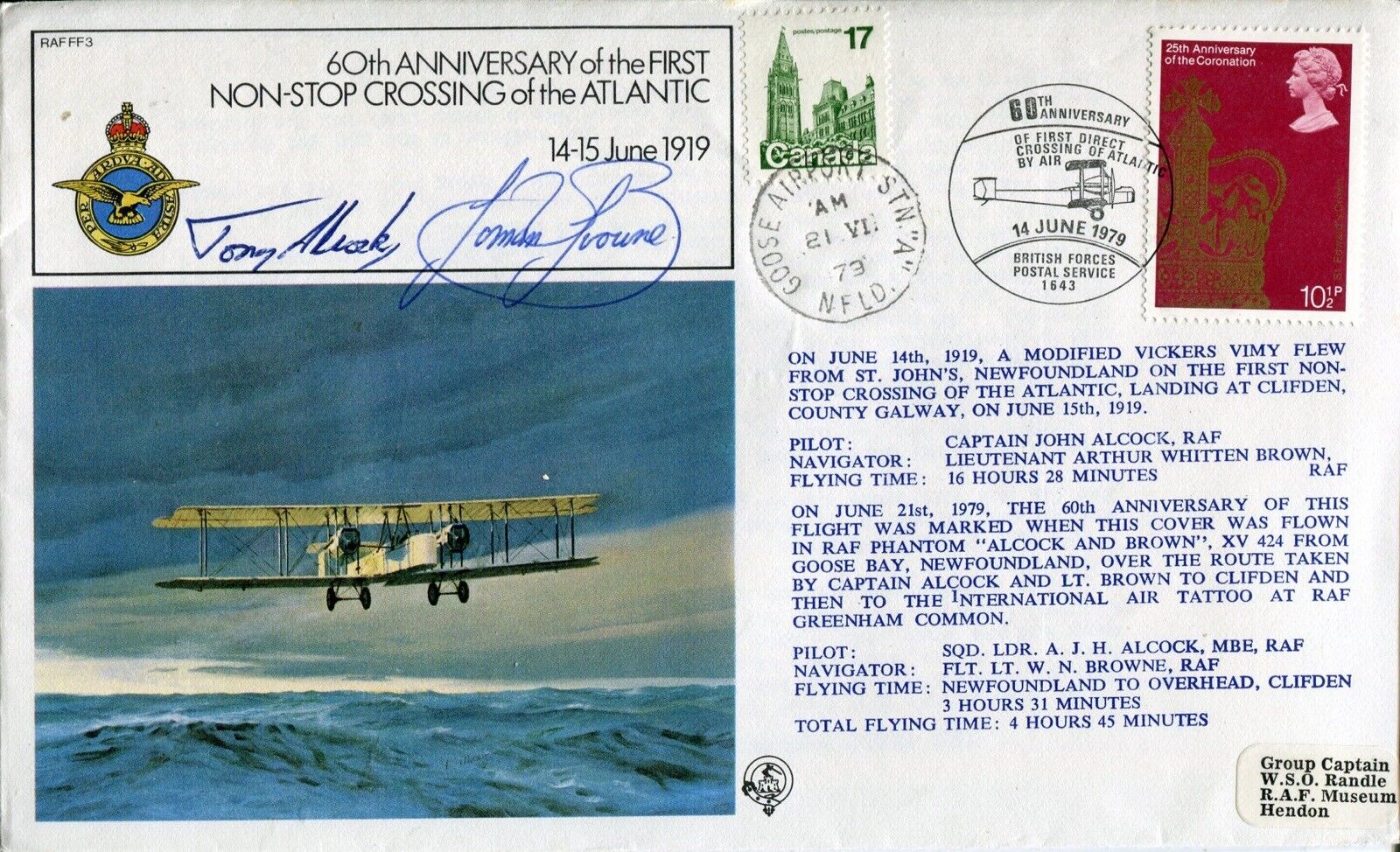 RAF 1st Crossing the Atlantic flight cover signed ALCOCK & BROWNE