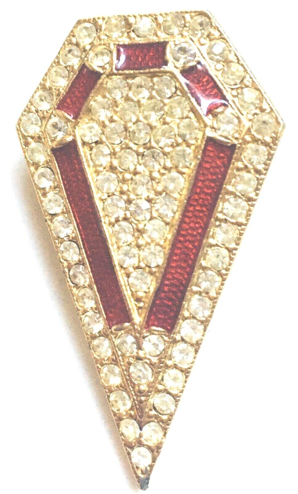 English Insignia Large Clear/Red CZ Crystals Vintage Golden Metal Pin Brooch