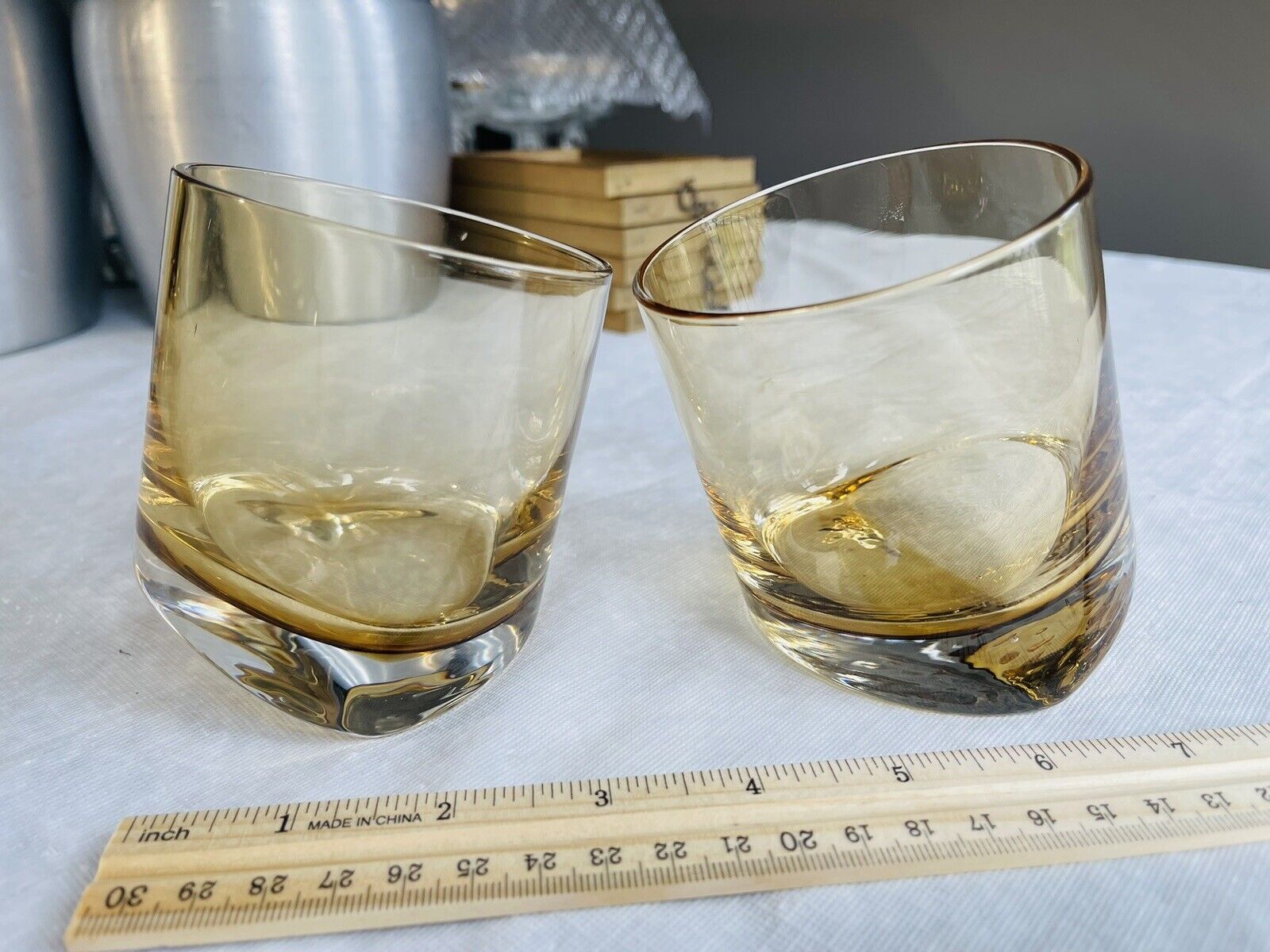 2 Amber Tilted Slanted Whiskey Scotch Burbon Art Deco Unique Rock Glasses  