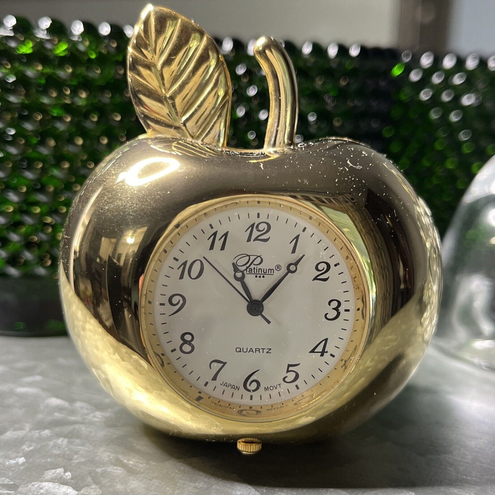 Golden Apple Clock /Trinket Box Japan Movt. Platinum Brand