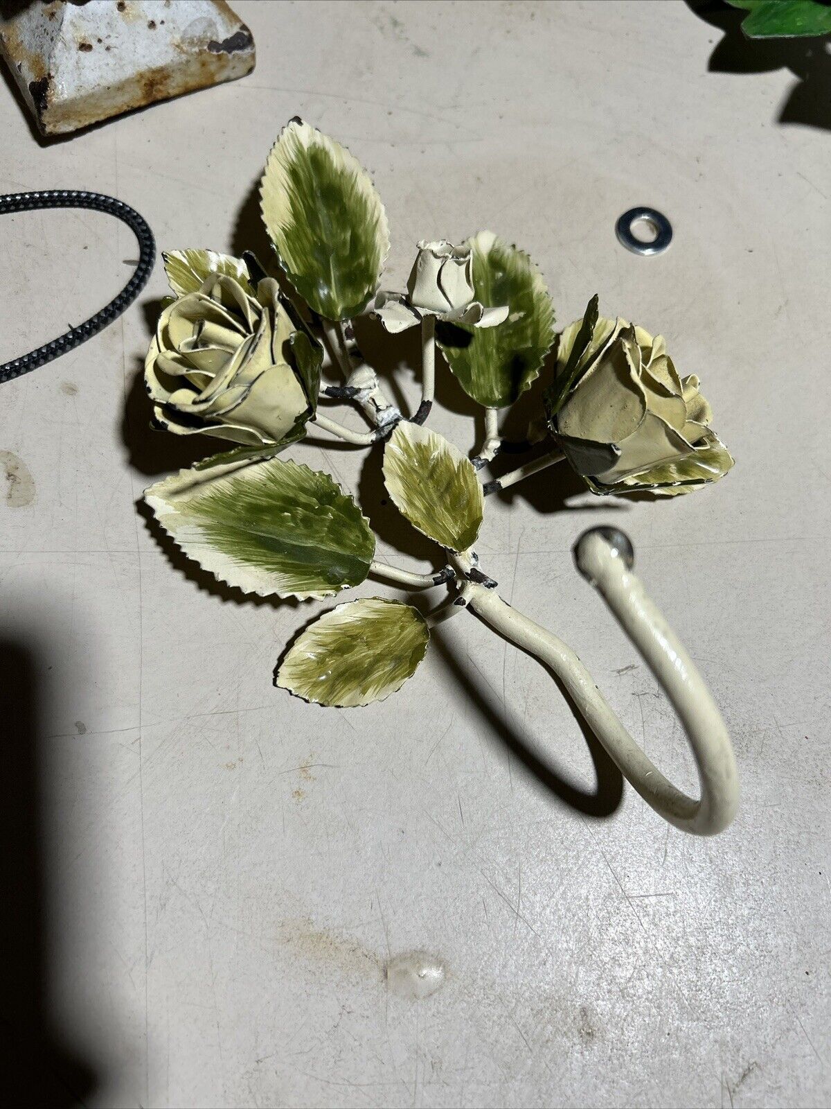 Vintage French TOLE Metal Rose Flower HOOK Hardware  Bath 7x5 Hand Painted