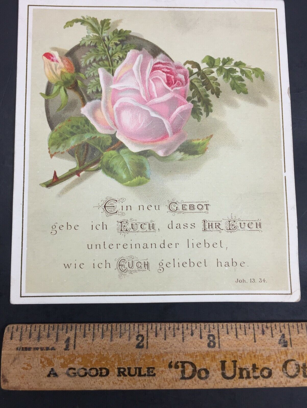 1886 1880s-90s Victorian Religious Trade Card Bible Quote German John 13 34 Rose