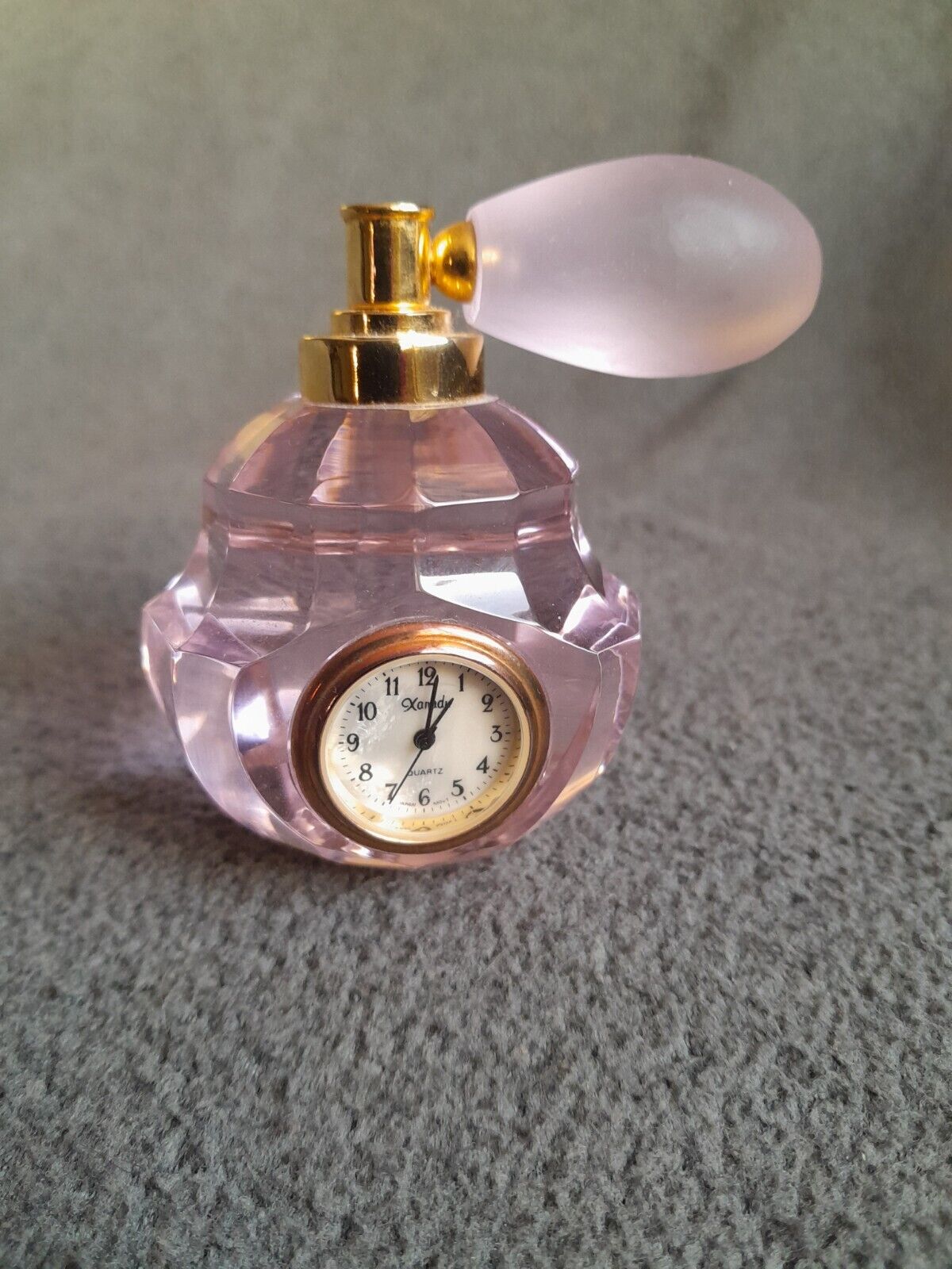 Gorgeous Vintage Crystal Mini Pink Perfume Bottle W/Atomizer Quartz Clock ONLY