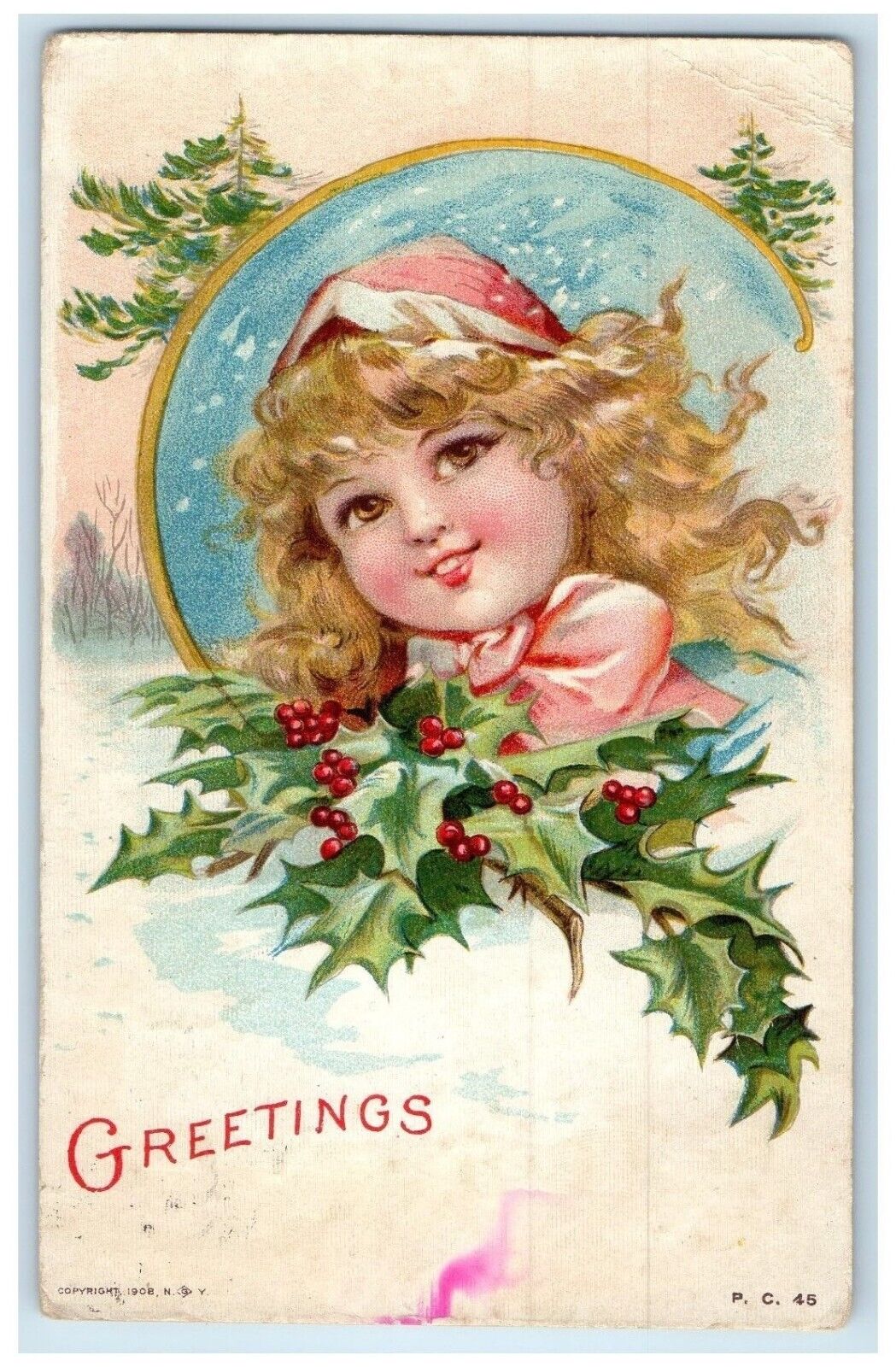 c1910's Christmas Greetings Cute Girl Holly Berries Logan Kansas KS Postcard