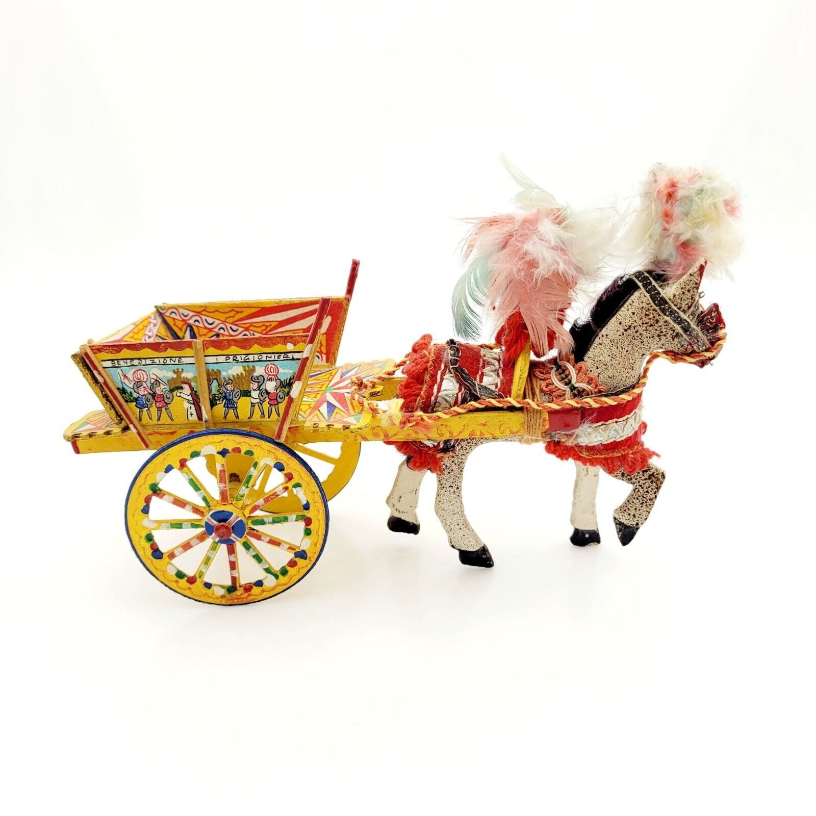 Vintage Sicilian Folk Art Wooden Horsedrawn Carriage Cart Wagon Italy