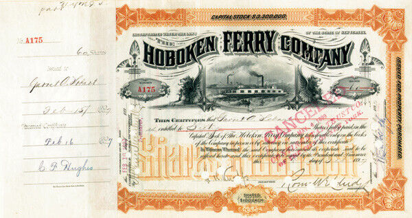 Hoboken Ferry signed by Garret A. Hobart - Stock Certificate - Autographed Stock