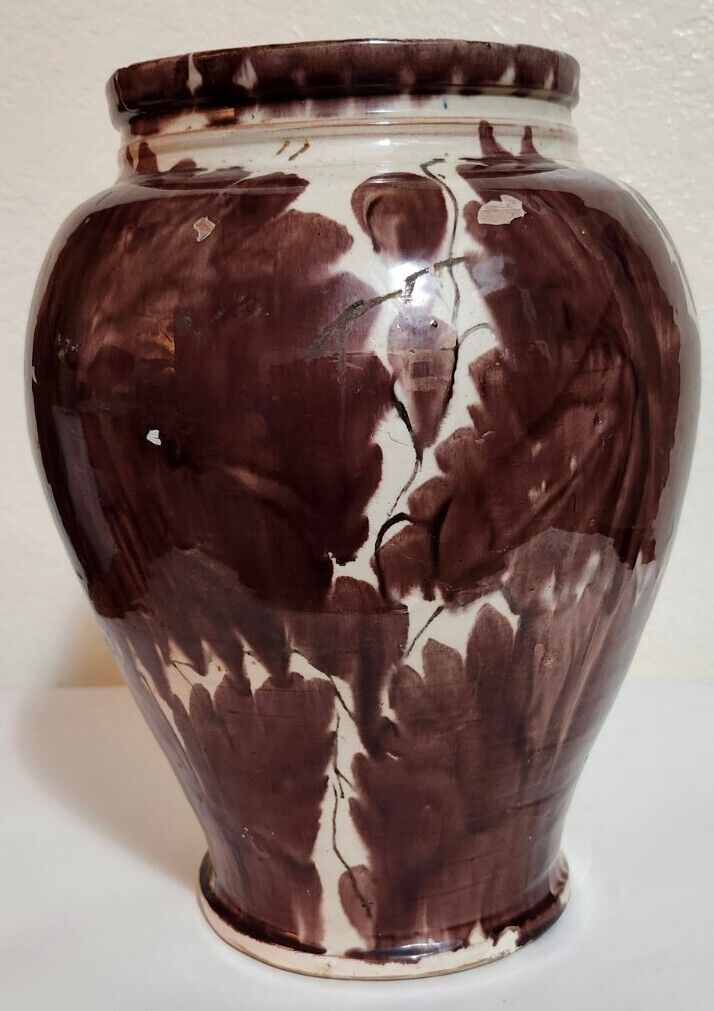 1940s Large Earthenware Clay Oaxaca Drip Glaze Ware Mexican Majolica Leaf Vase 
