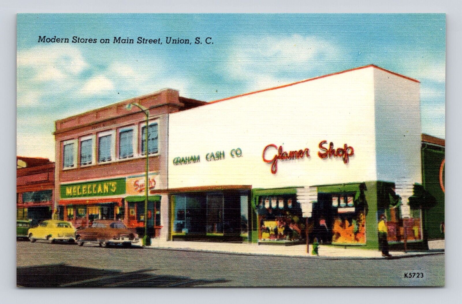 Postcard Union SC Main Street View Signs Stores Old Cars 1940-50\'s Street View