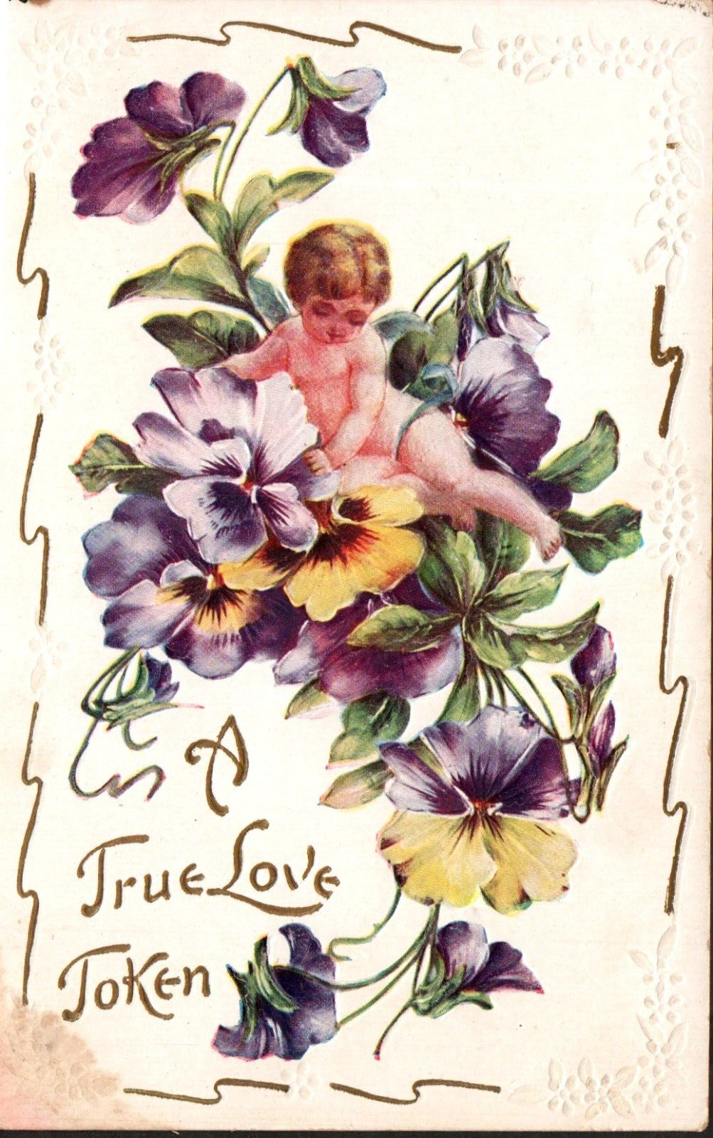 Old Postcard Embossed Blue Flowers Baby Infant Cupid? A True Love Token 1900\'s