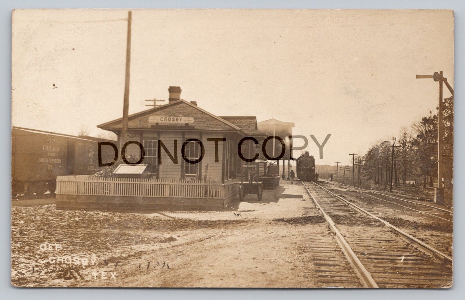 Postcard TX RPPC Rare Crosby Train Depot Railroad Train Chicago Northwestern B6