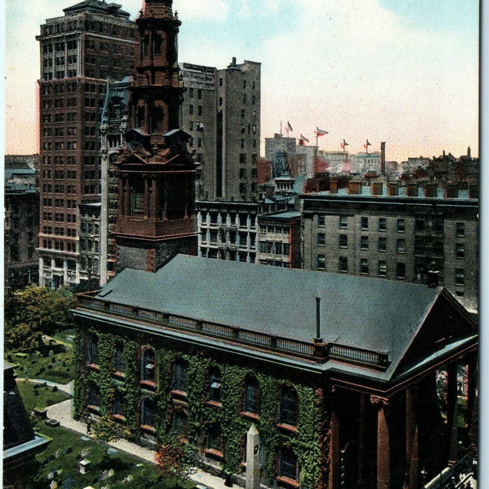 c1910s New York City St Paul Chapel Litho Photo Postcard Penn Station Cancel A34