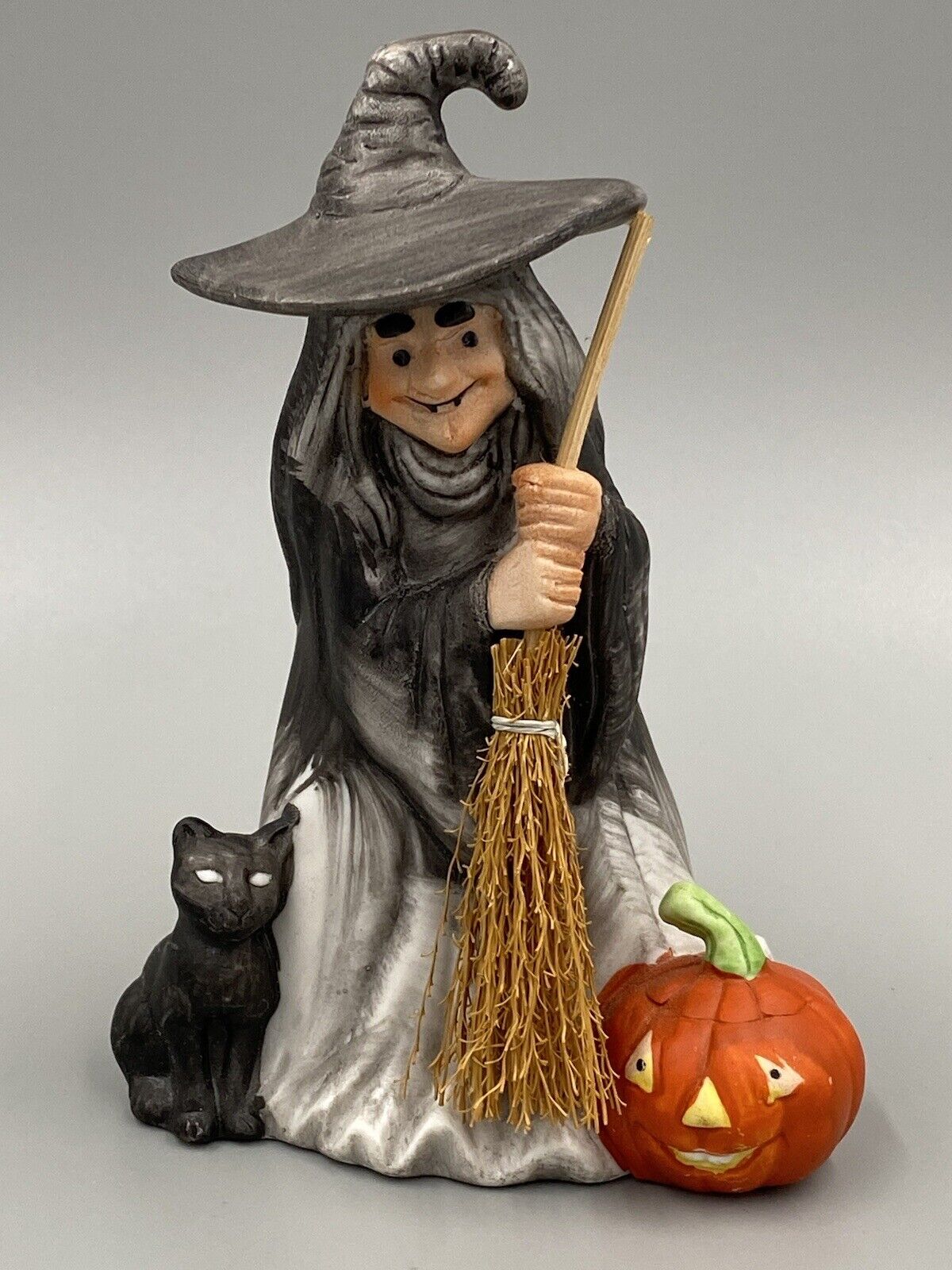 Vintage Halloween Witch Figurine Black Cat Jack O'Lantern Bisque Figurine 4.5”