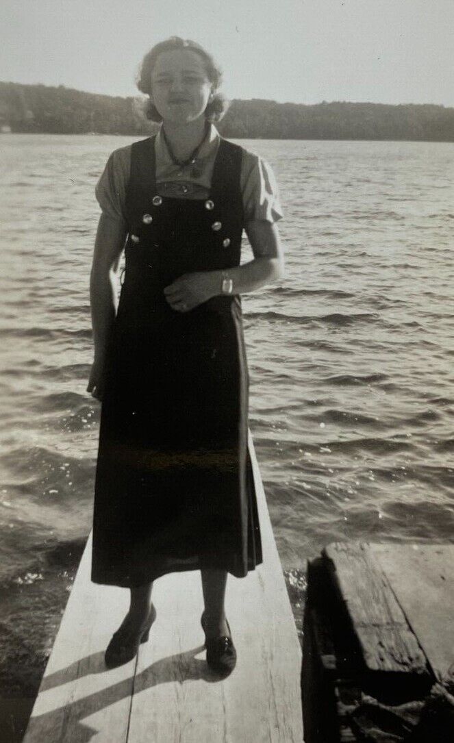Pretty Woman Standing On Dock By Lake B&W Photograph 2.75 x 4.5