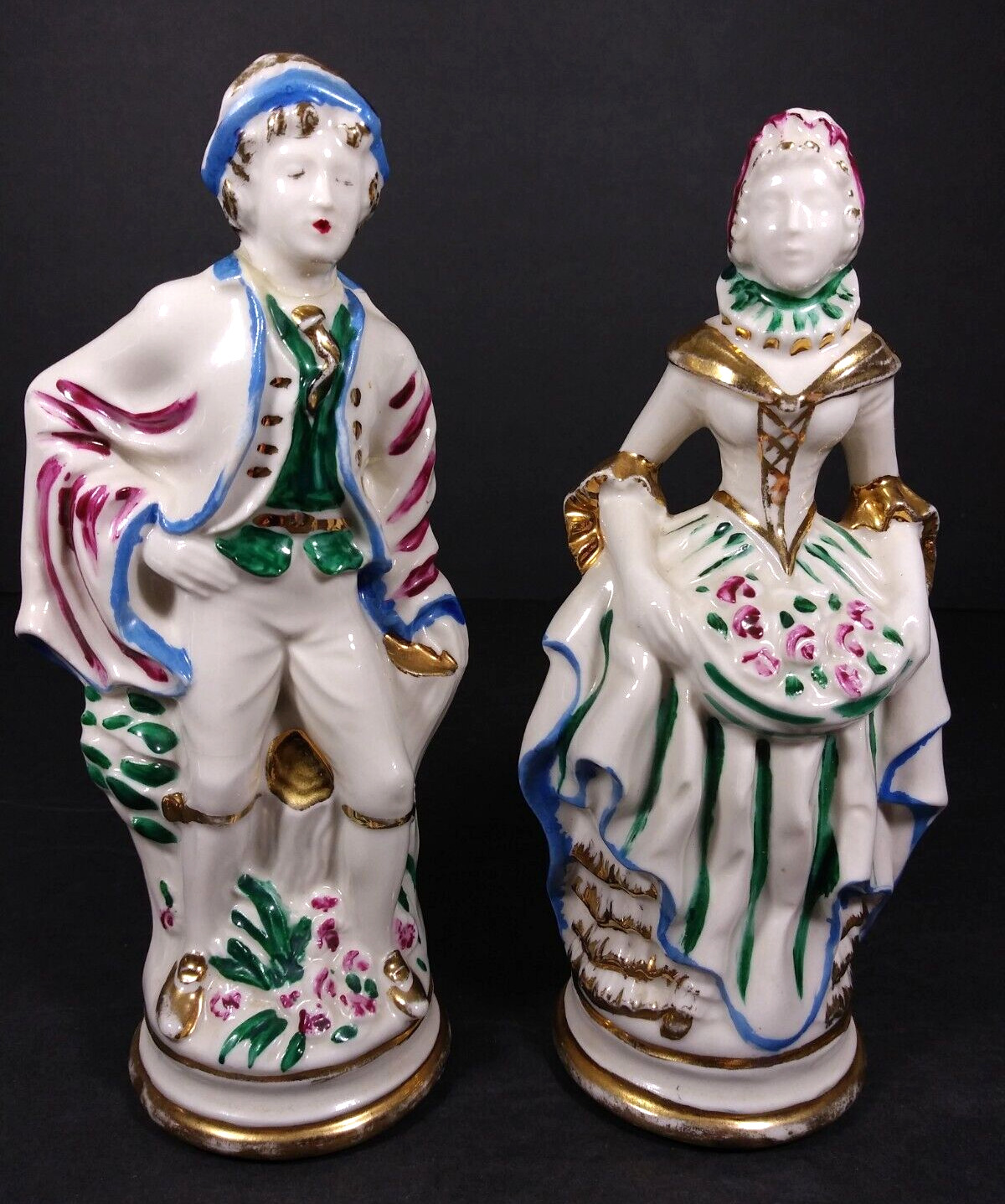Vintage Victorian Man And Woman Pastel Colors Gold Trim Porcelain Set of 2