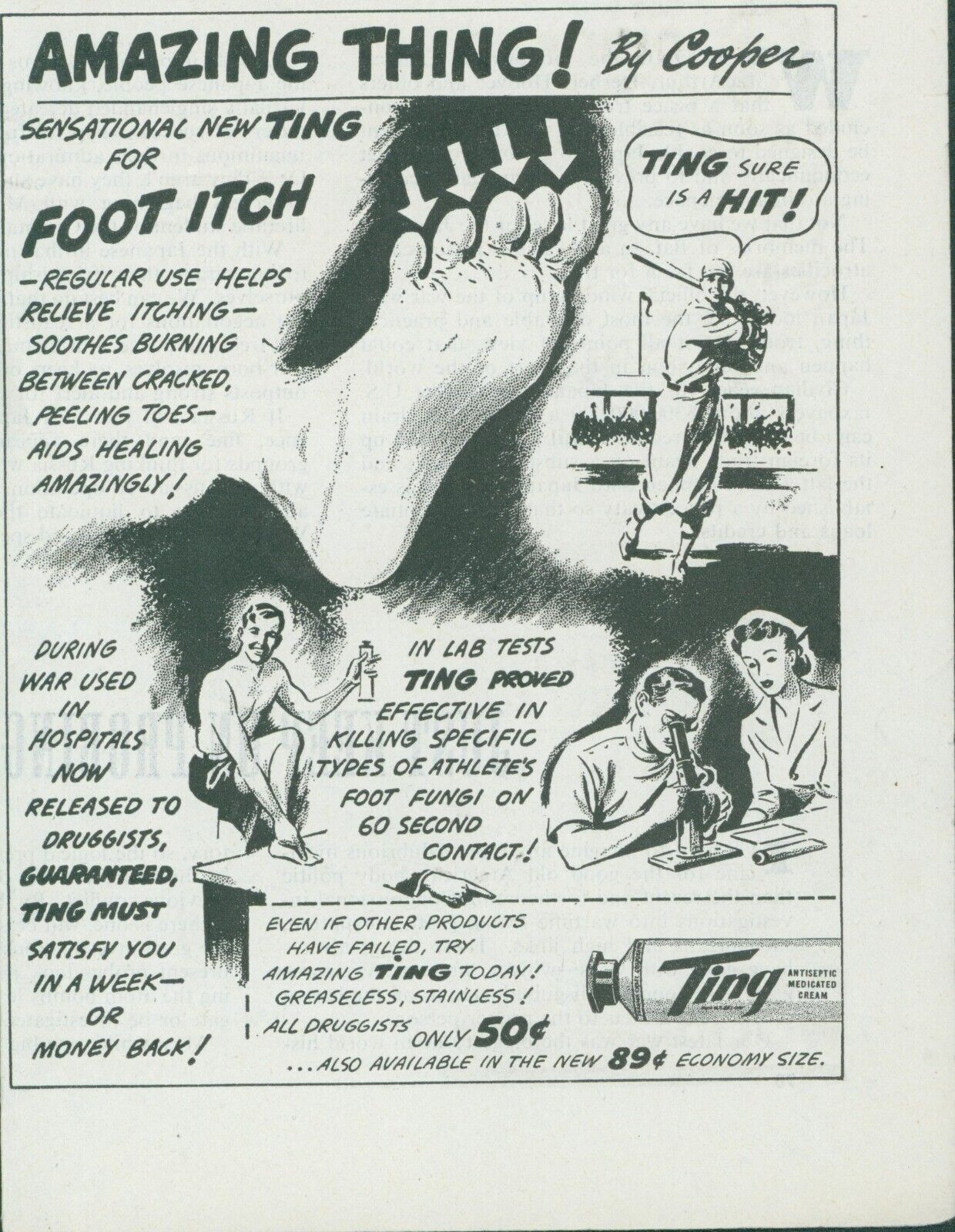 1947 Ting Foot Itch Baseball Player Swimmer Microscope Lab Vintage Print Ad C10