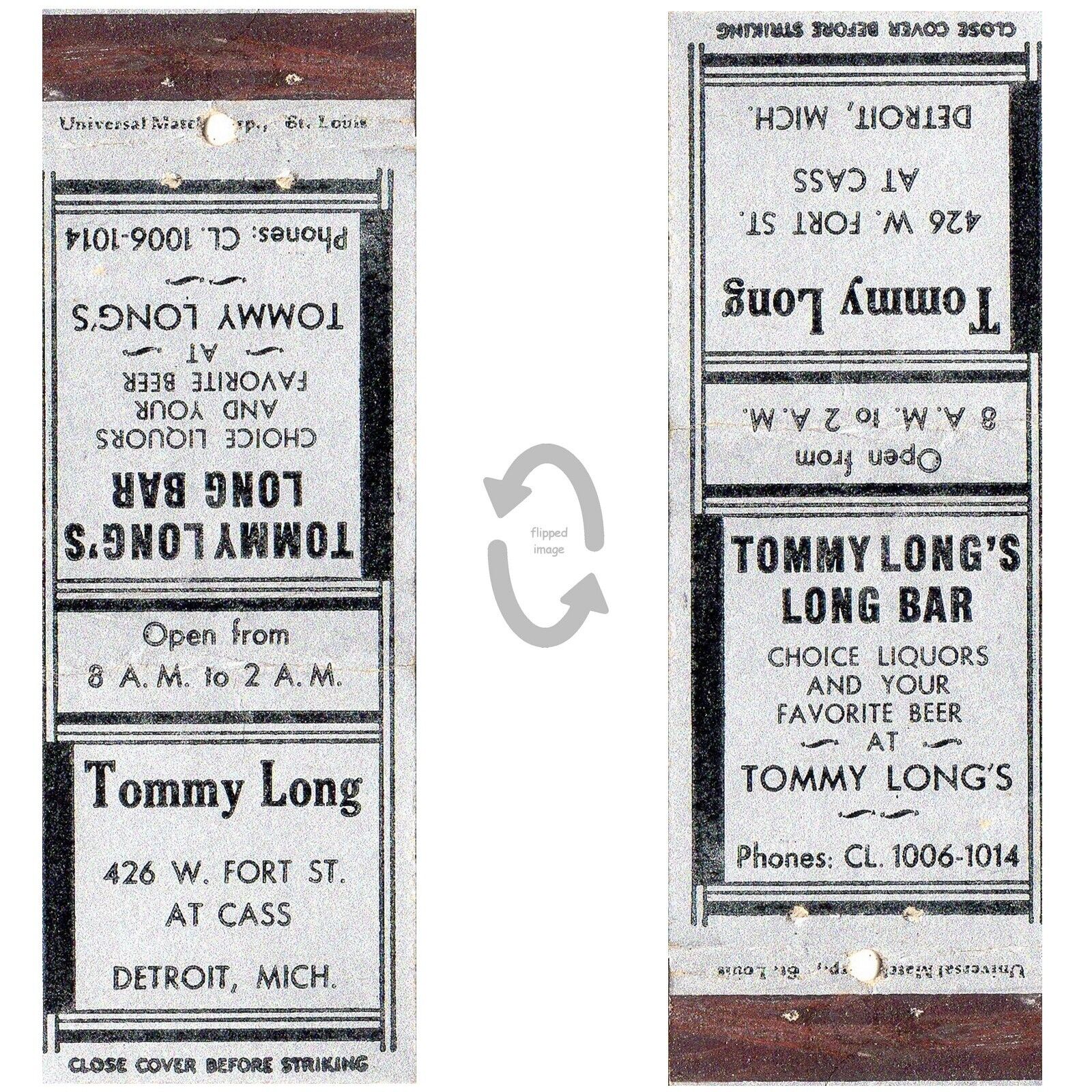 Vintage Matchbook Cover Tommy Long's Bar Detroit MI 1940s Tavern Lounge Pub