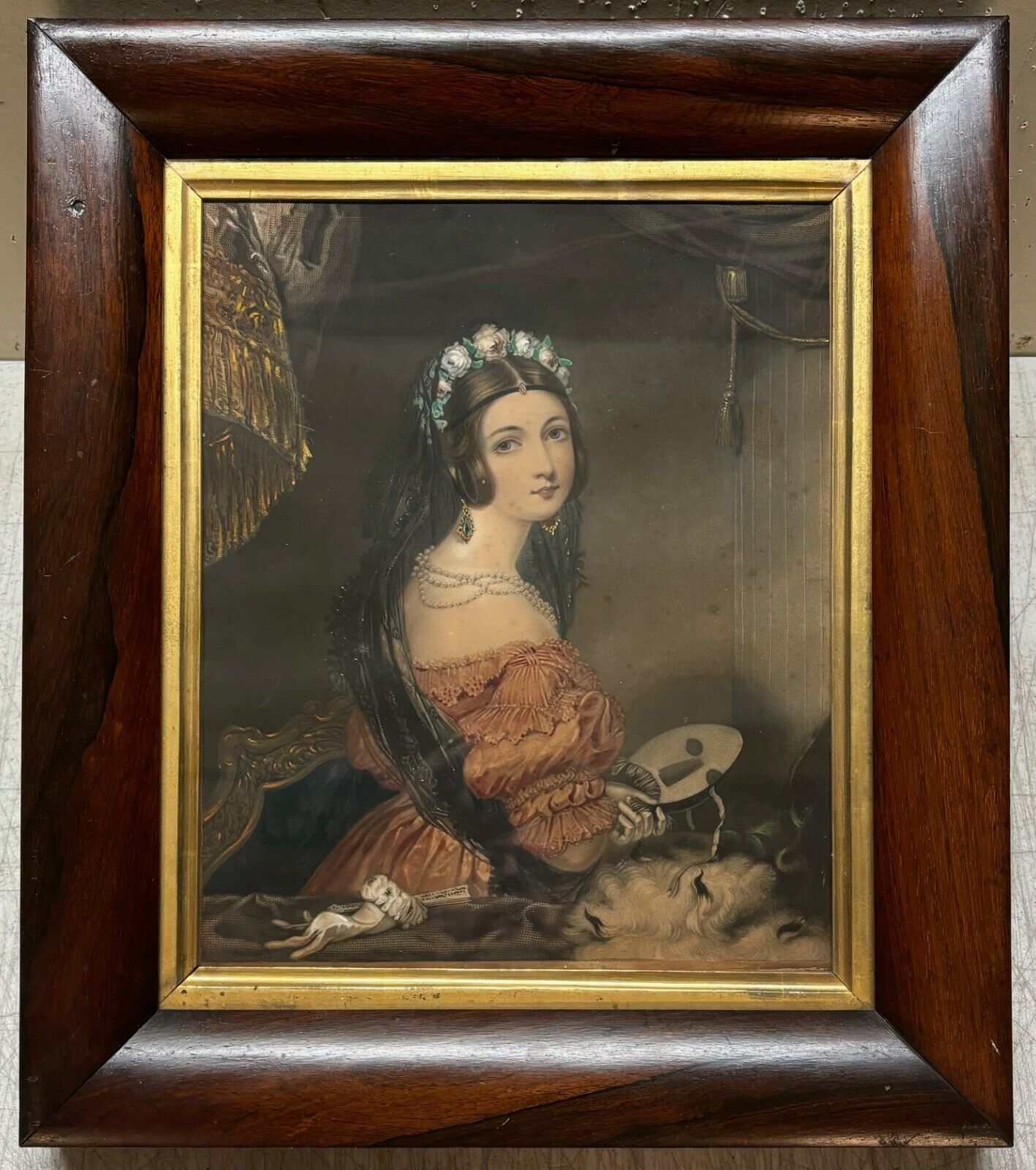 Antique THEATER WOMAN Portrait Painted Mezzotint in DELVECCHO Mahogany UK FRAME