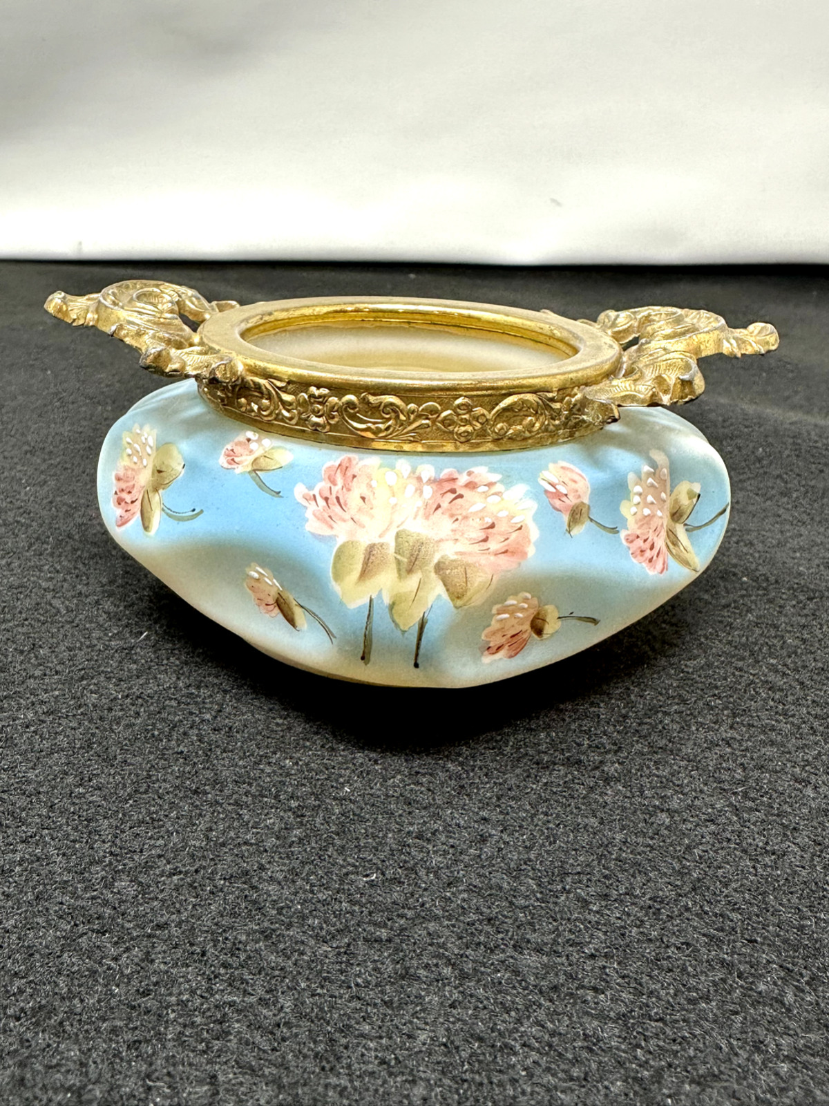 C F Monroe Co Nakara Glass Pin Box, Blue with Hand Painted Flowers Brass Handles