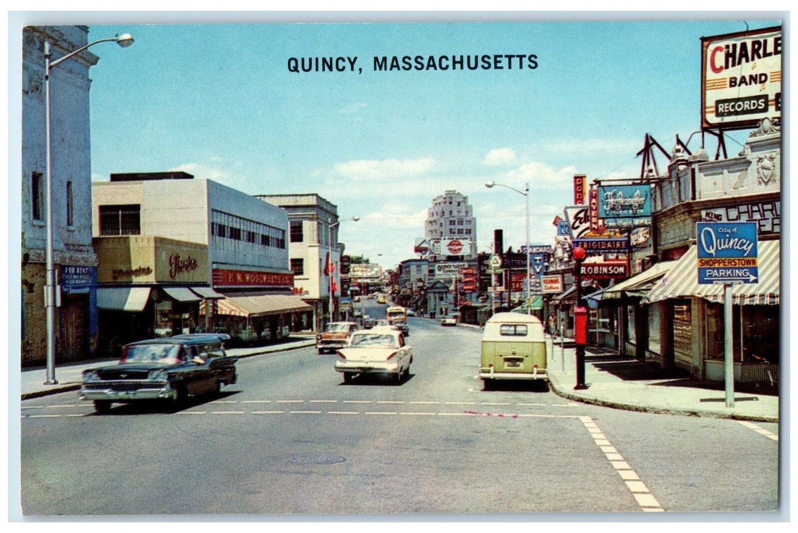 c1950's Business District Classic Cars Establishments Street Quincy MA Postcard
